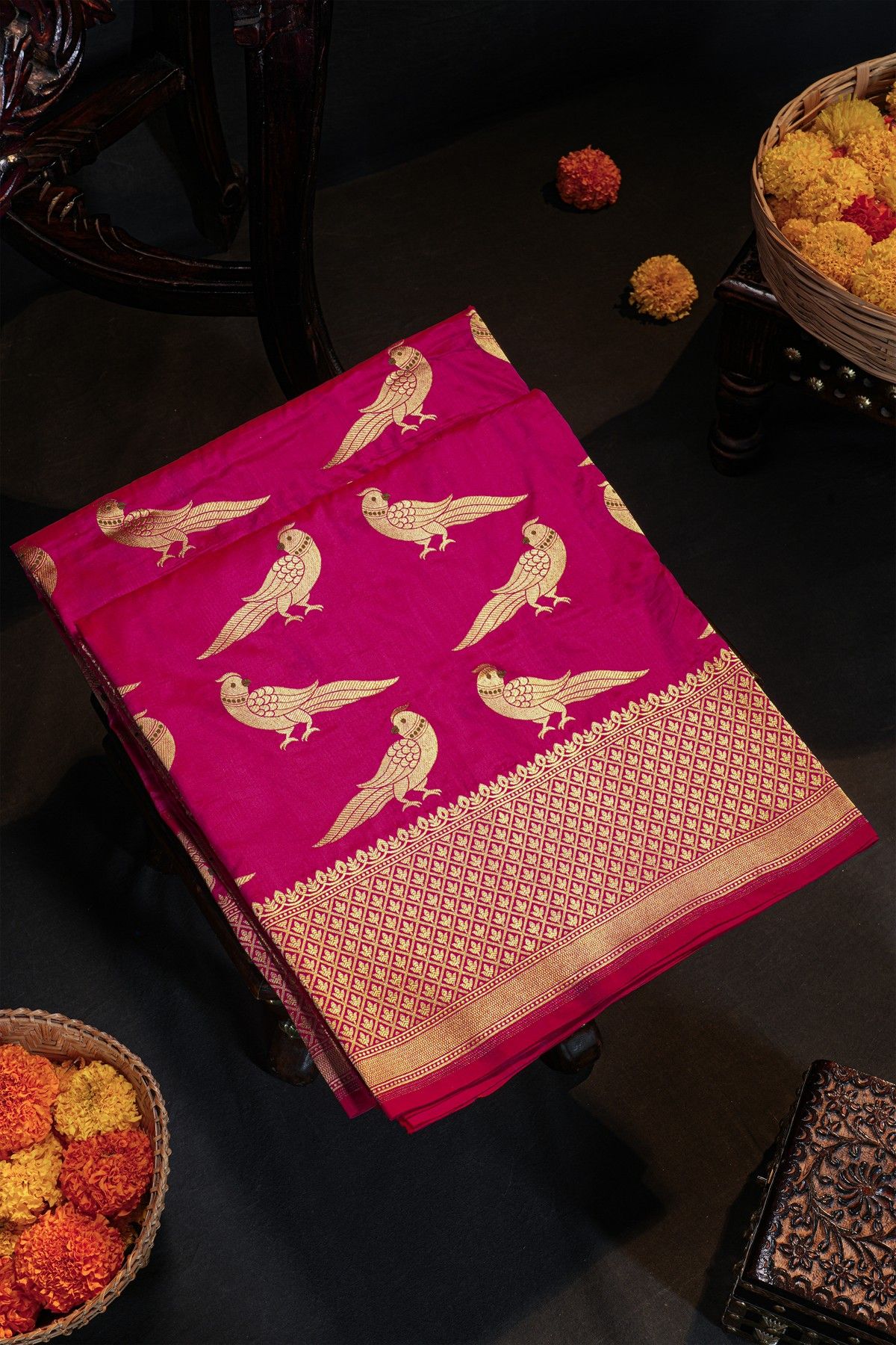 Banarasi Silk Pink Saree With Florals In Cross Checks With Zig-Zag Lines Border