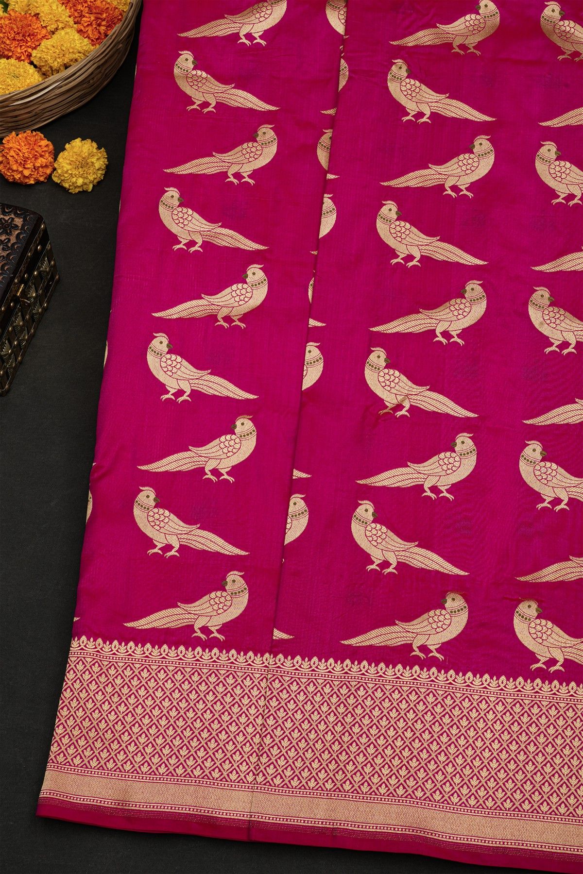 Banarasi Silk Pink Saree With Florals In Cross Checks With Zig-Zag Lines Border