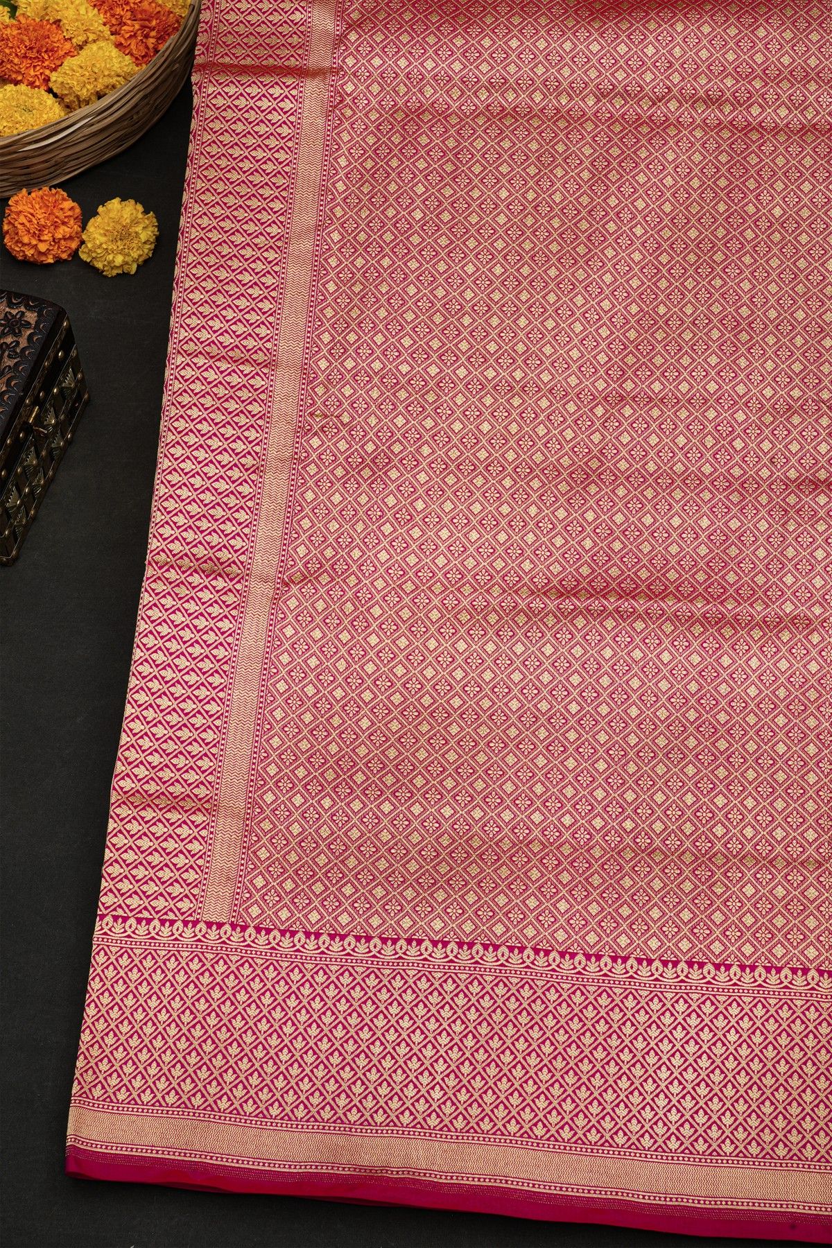Banarasi Silk Pink Saree With Florals In Cross Checks With Zig-Zag Lines Border