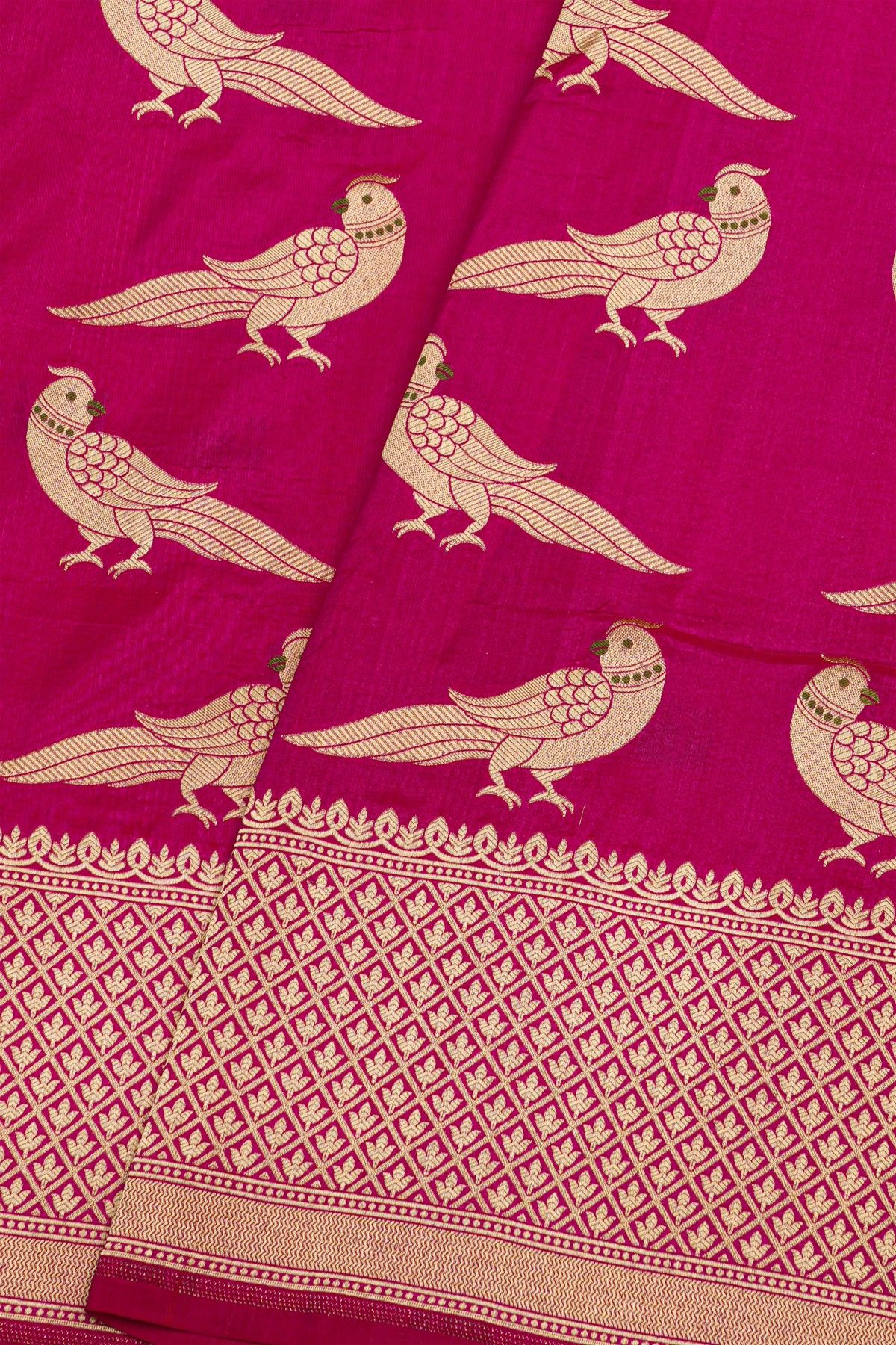 Banarasi Silk Pink Saree With Florals In Cross Checks With Zig-Zag Lines Border