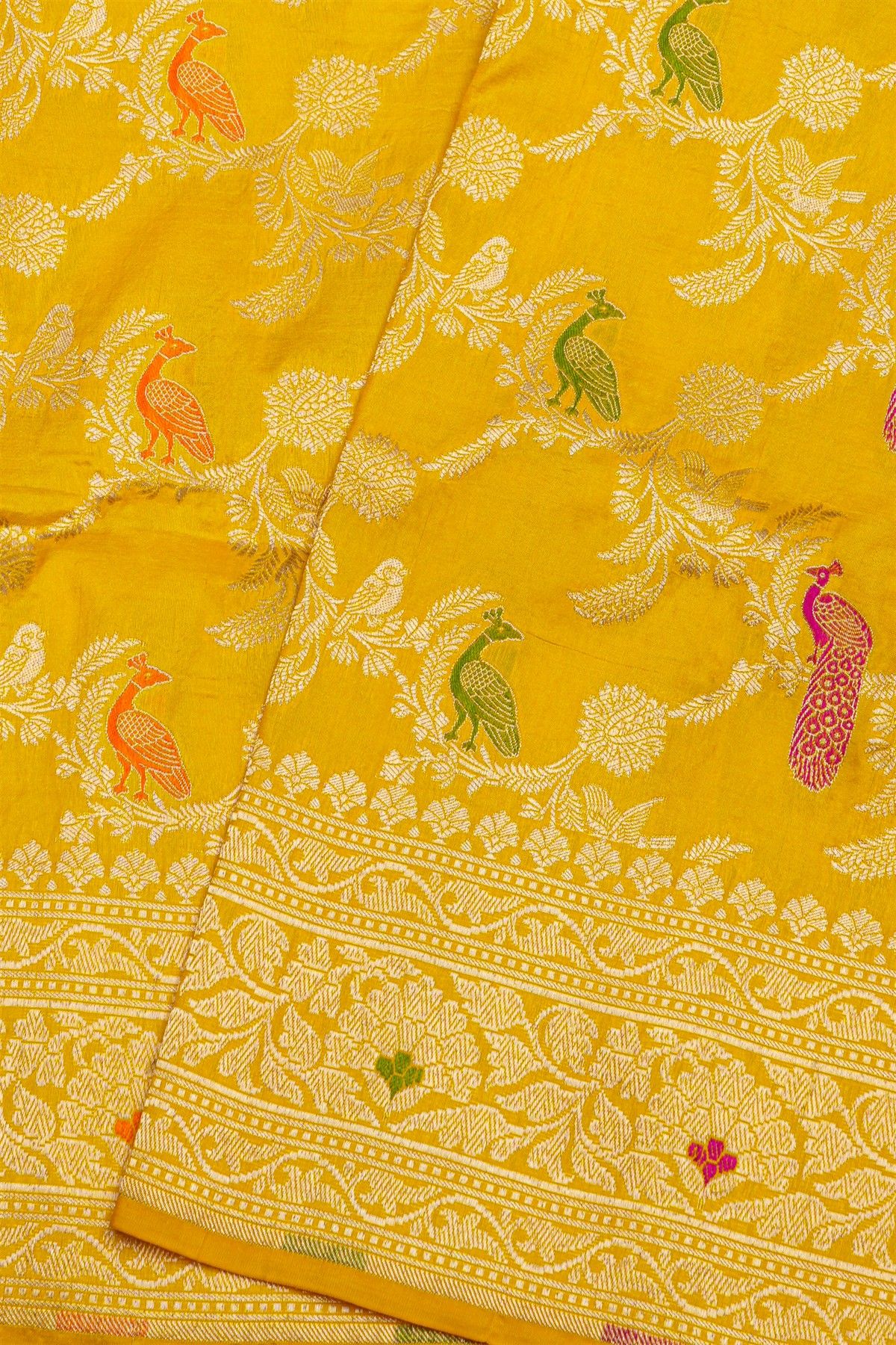 Banarasi Silk Yellow Saree With Florals And Leaves In Zari Border