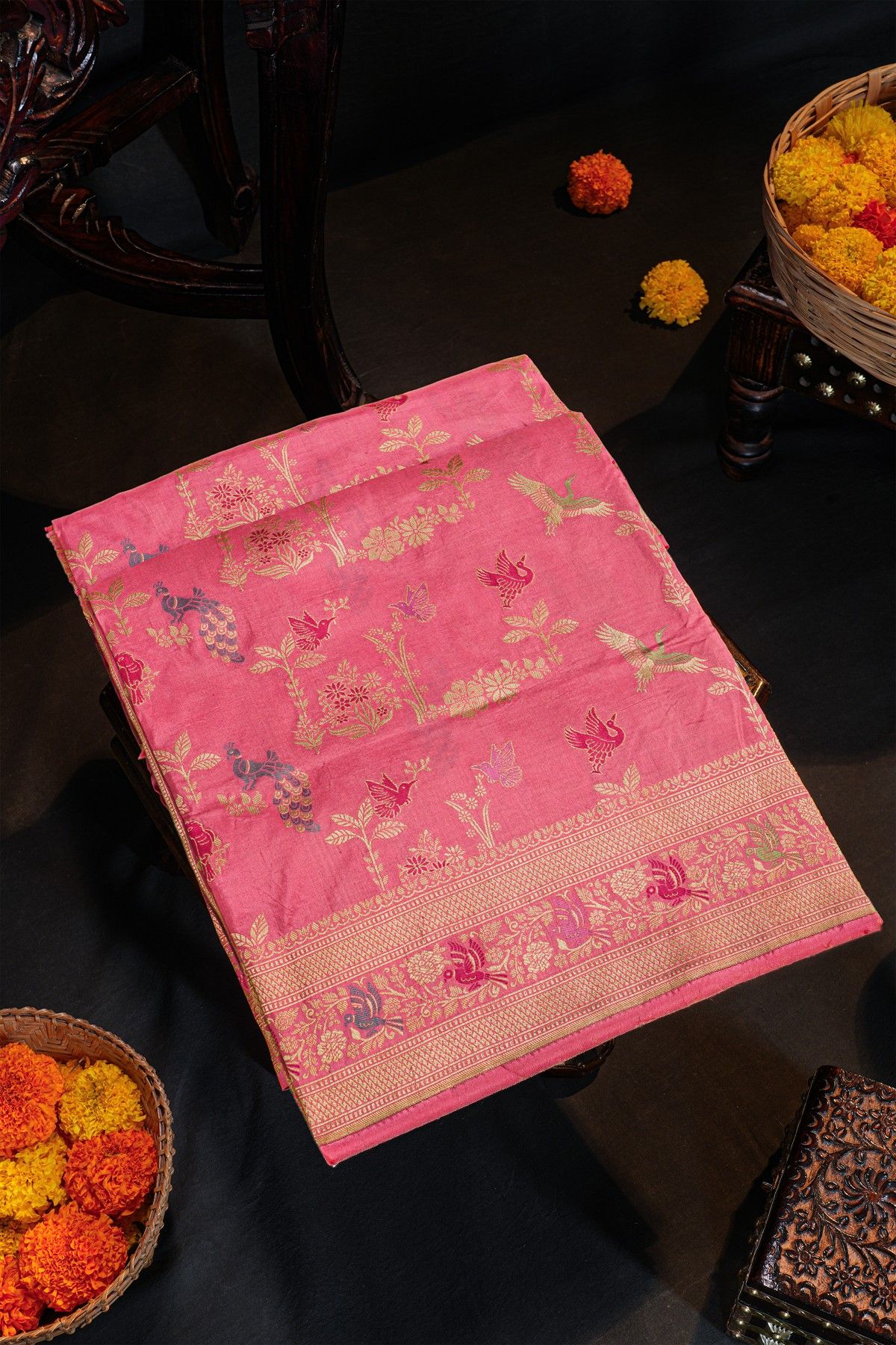 Banarasi Silk Pink Saree With Florals And Birds With Diamonds Border