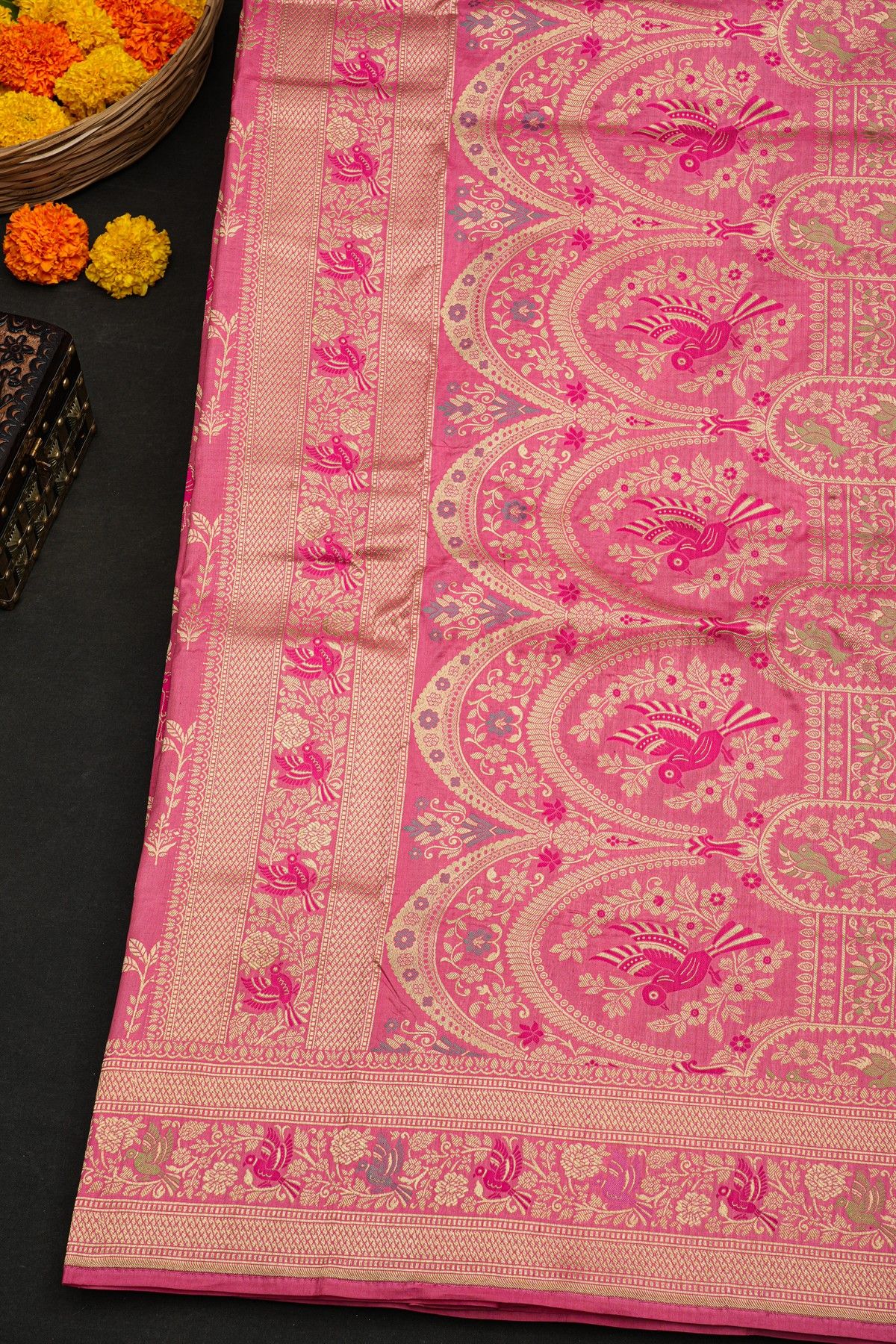Banarasi Silk Pink Saree With Florals And Birds With Diamonds Border