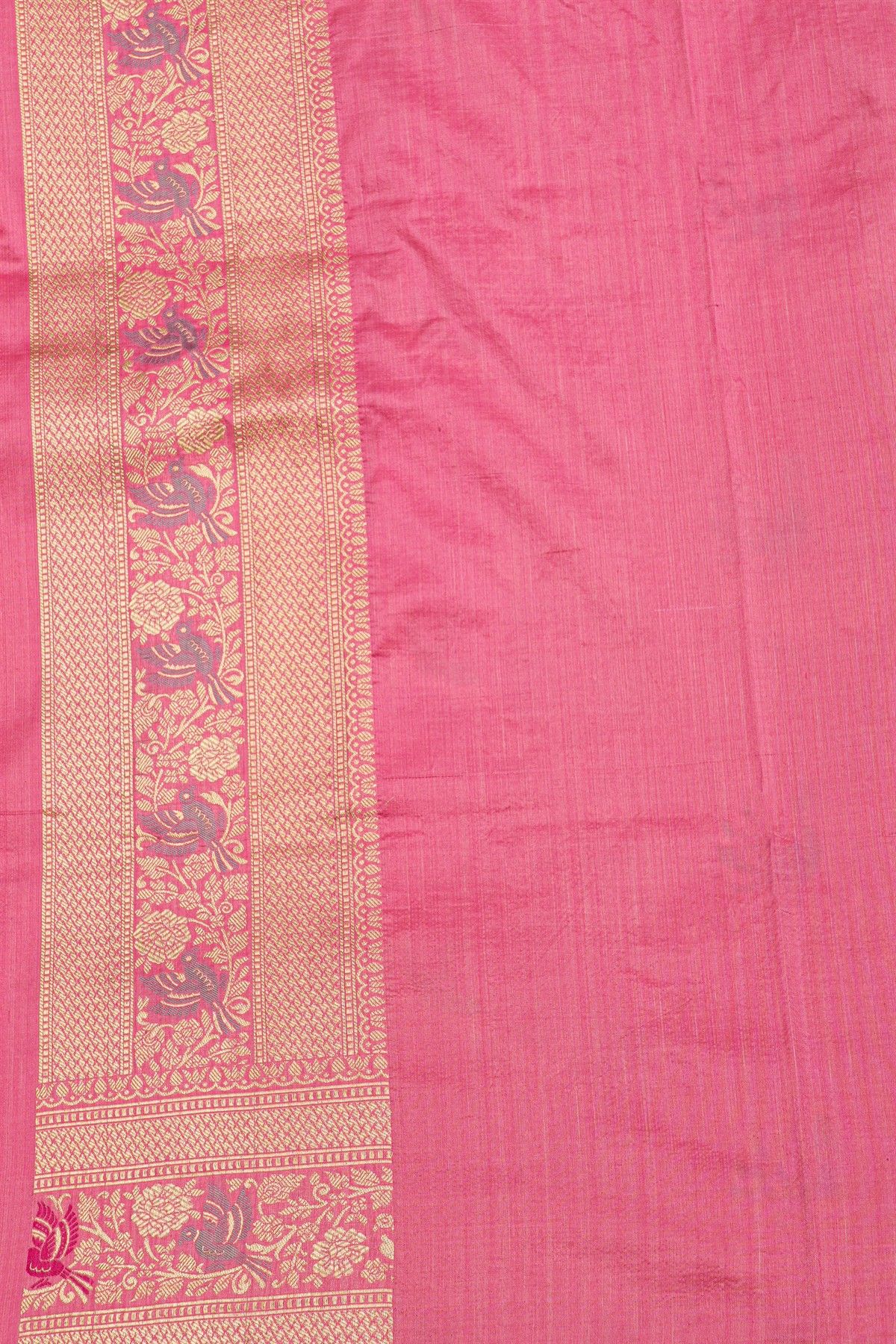 Banarasi Silk Pink Saree With Florals And Birds With Diamonds Border