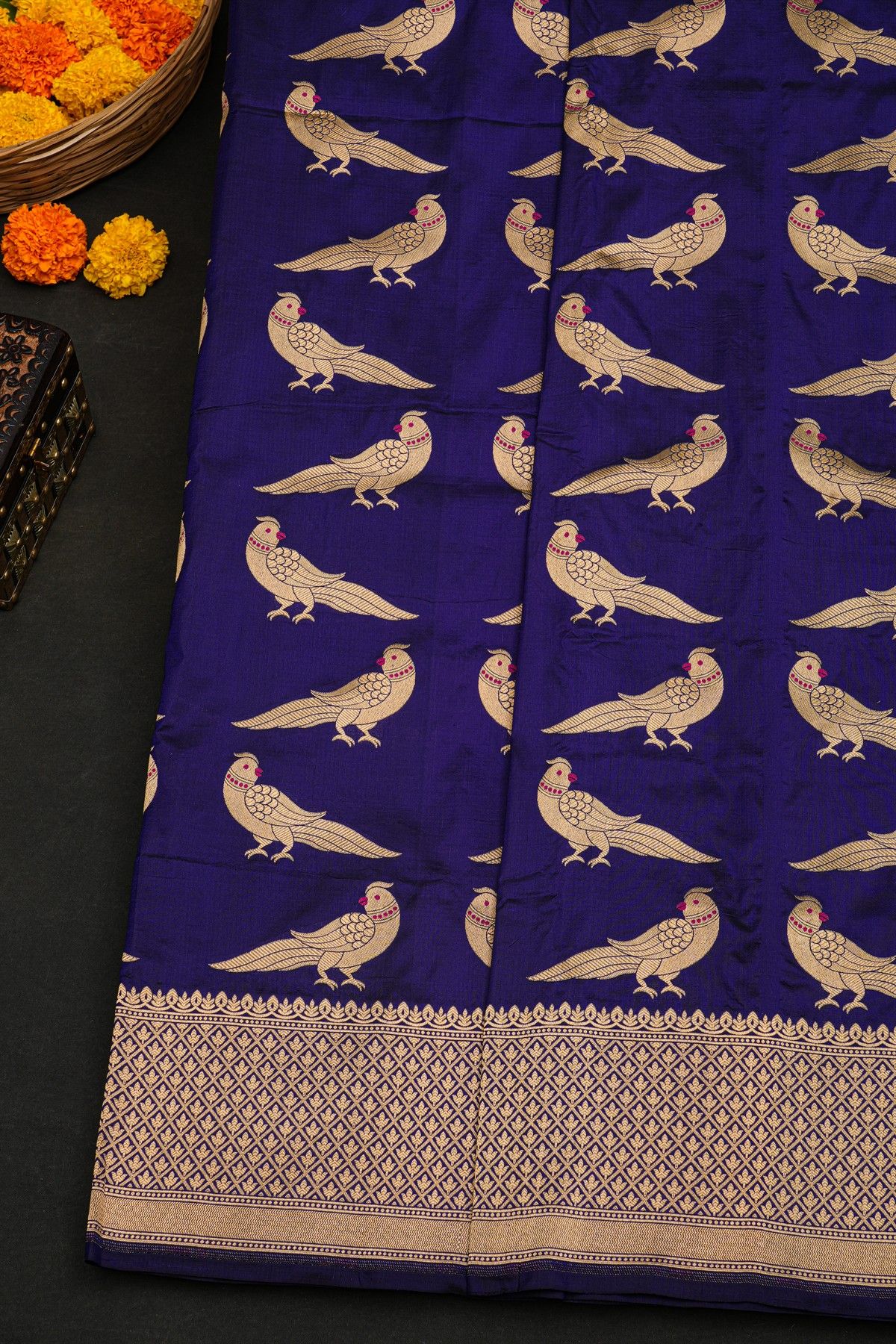 Banarasi Silk Navy Blue Saree With Florals In Cross Checks Border