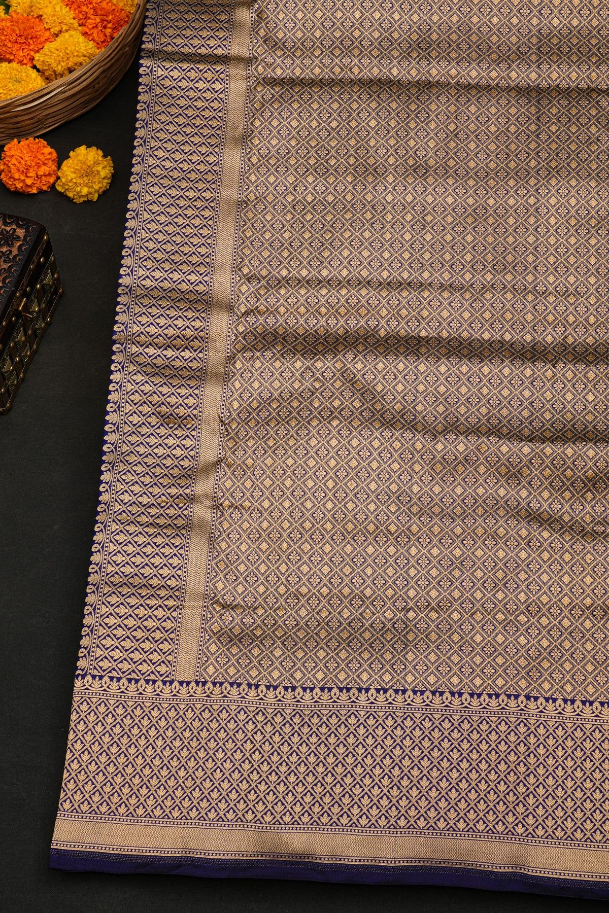 Banarasi Silk Navy Blue Saree With Florals In Cross Checks Border