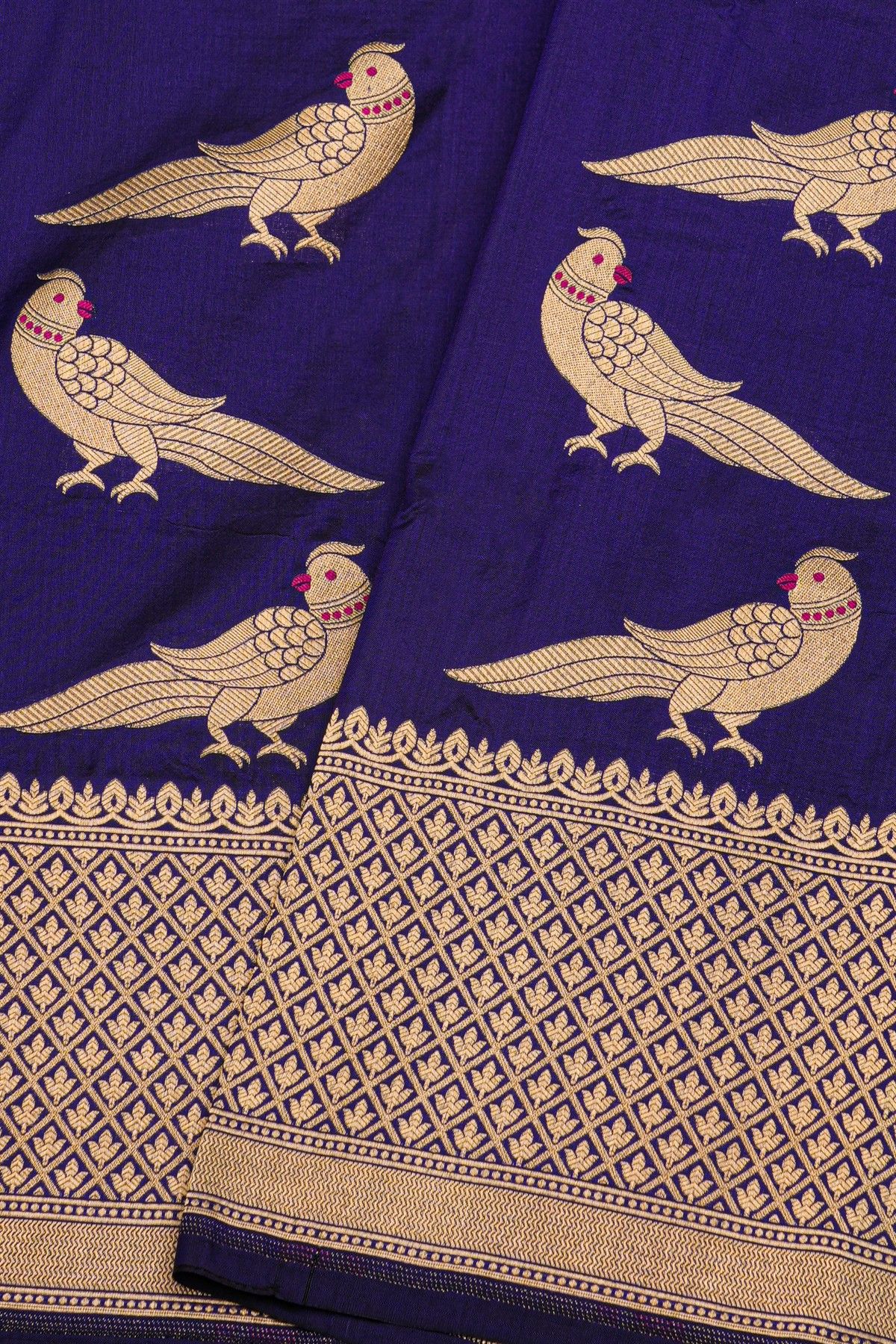 Banarasi Silk Navy Blue Saree With Florals In Cross Checks Border
