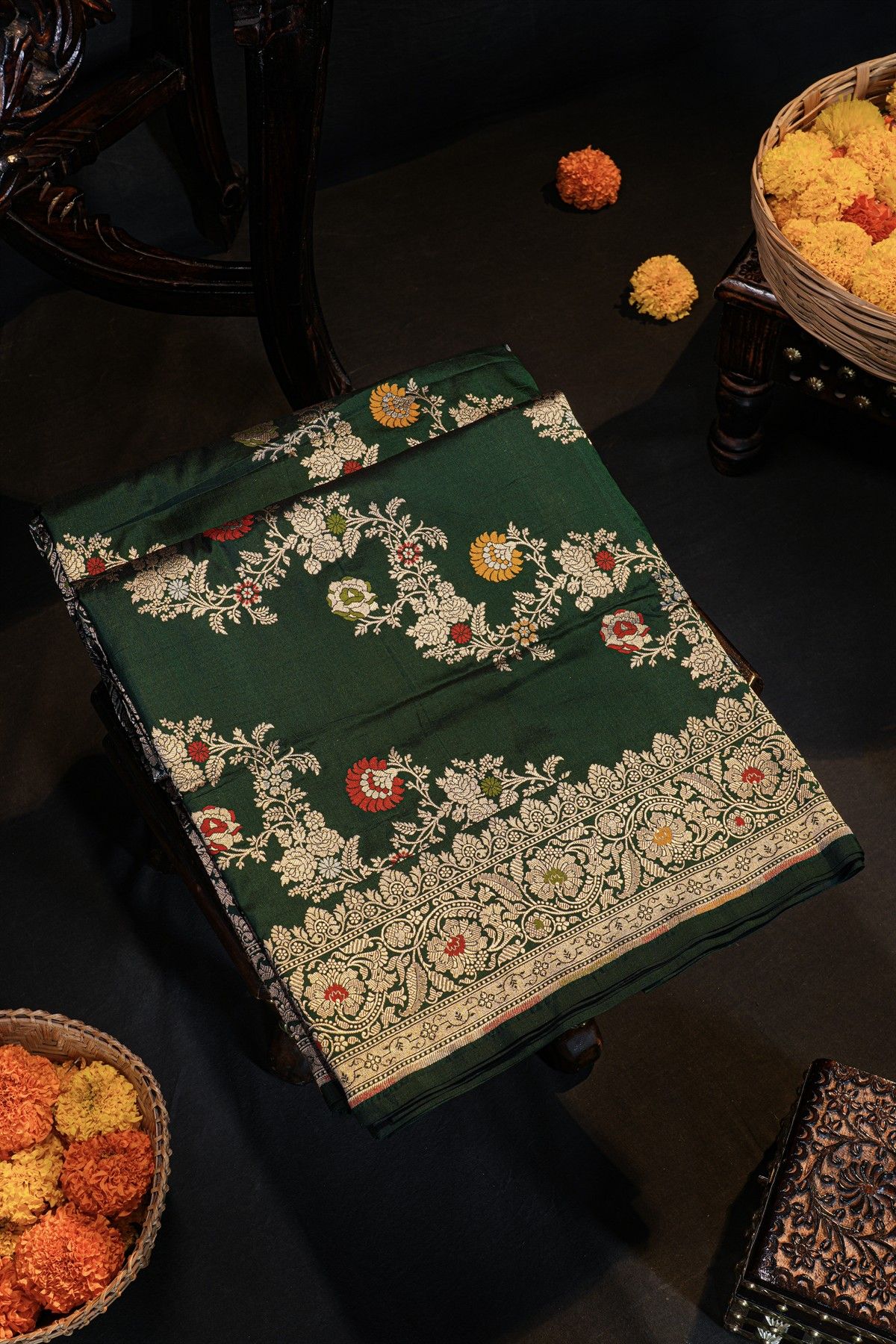 Banarasi Silk Bottle Green Saree With Floral Jaal Border