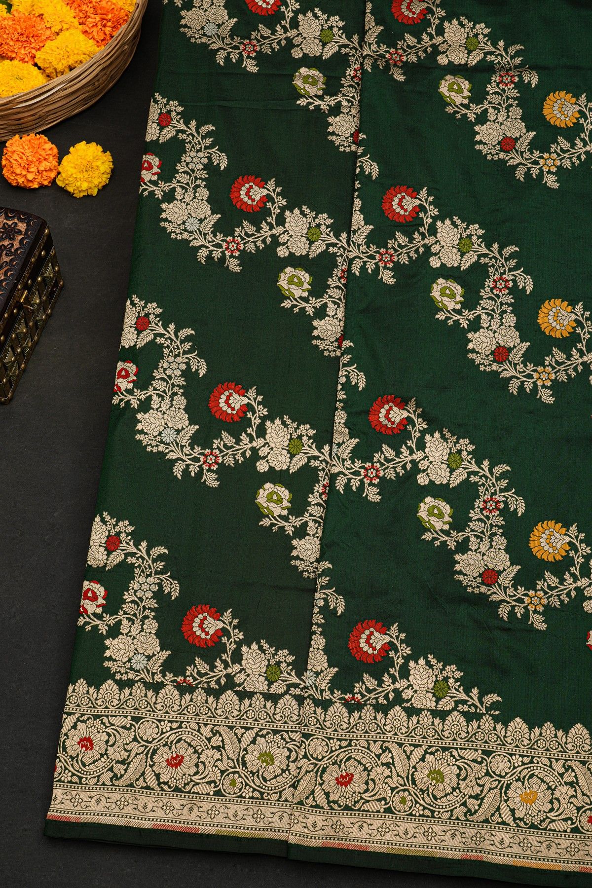Banarasi Silk Bottle Green Saree With Floral Jaal Border