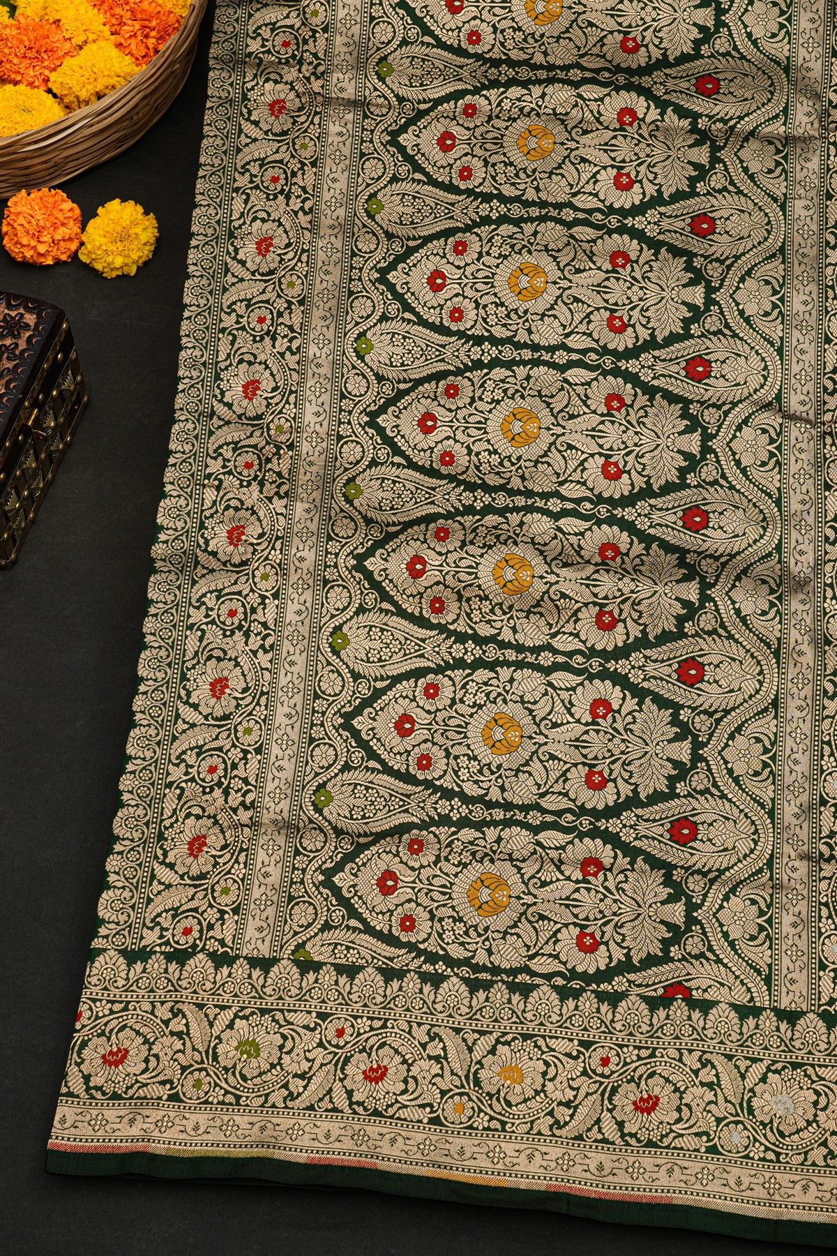 Banarasi Silk Bottle Green Saree With Floral Jaal Border