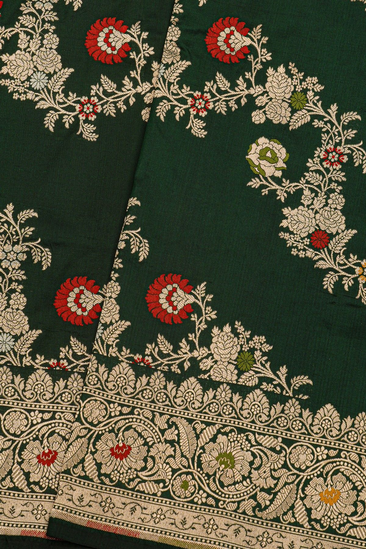 Banarasi Silk Bottle Green Saree With Floral Jaal Border