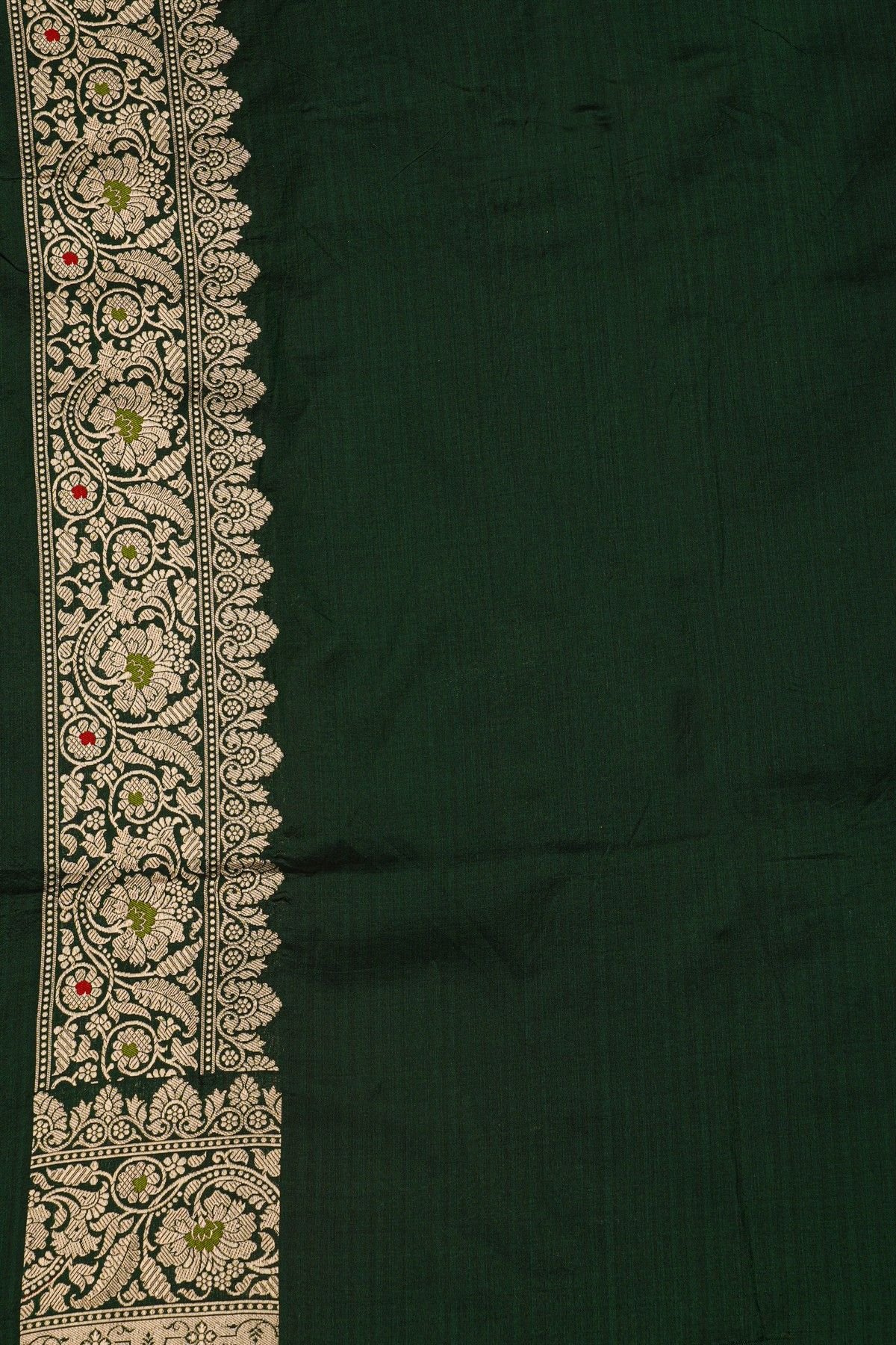 Banarasi Silk Bottle Green Saree With Floral Jaal Border
