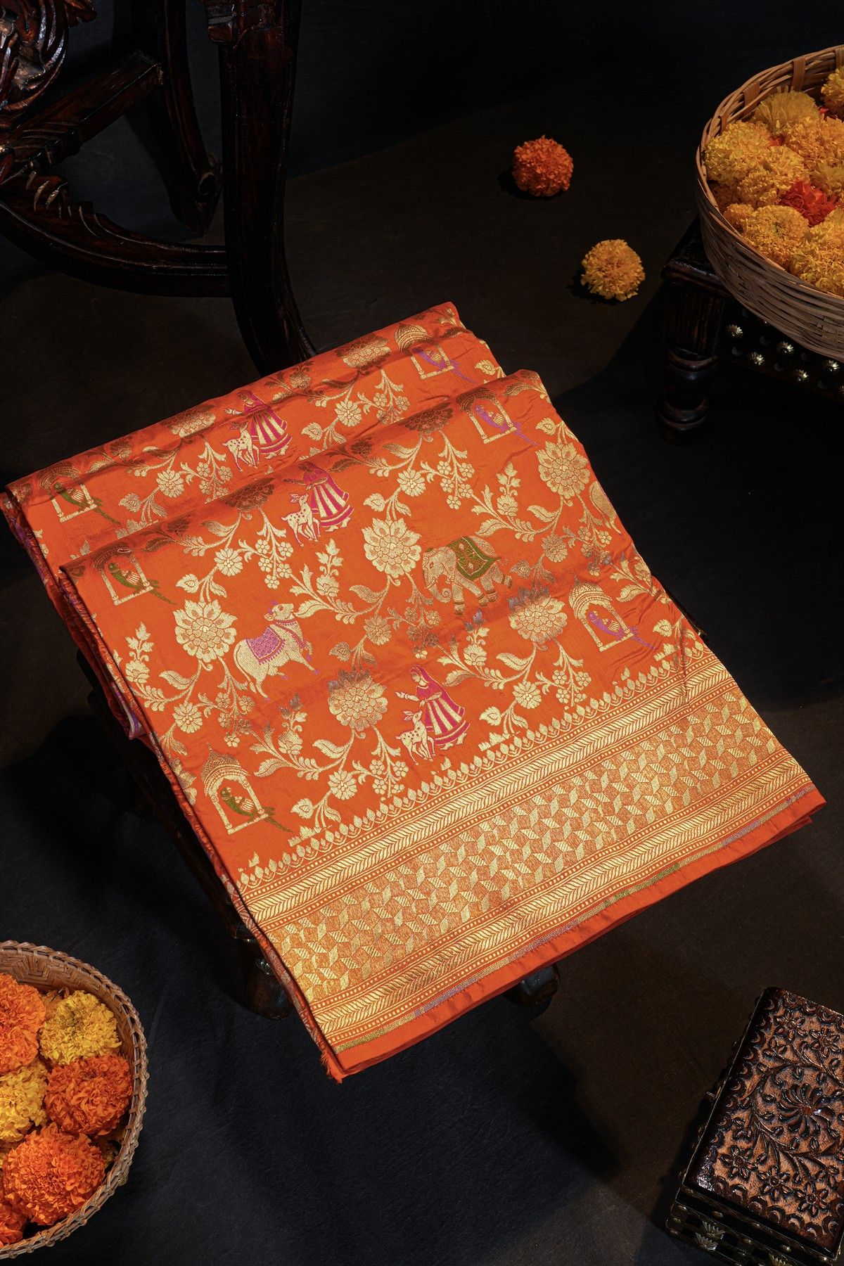 Banarasi Silk Orange Saree With Diamonds With Cross Lines Border