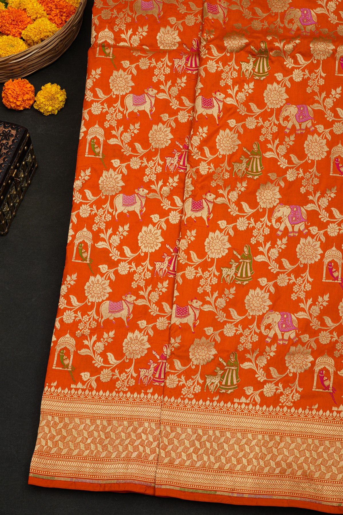 Banarasi Silk Orange Saree With Diamonds With Cross Lines Border