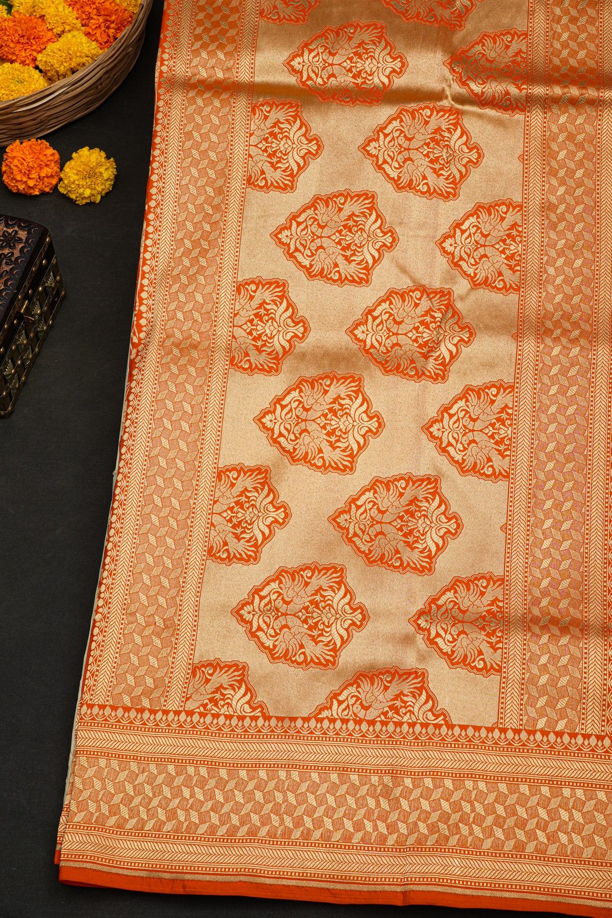 Banarasi Silk Orange Saree With Diamonds With Cross Lines Border