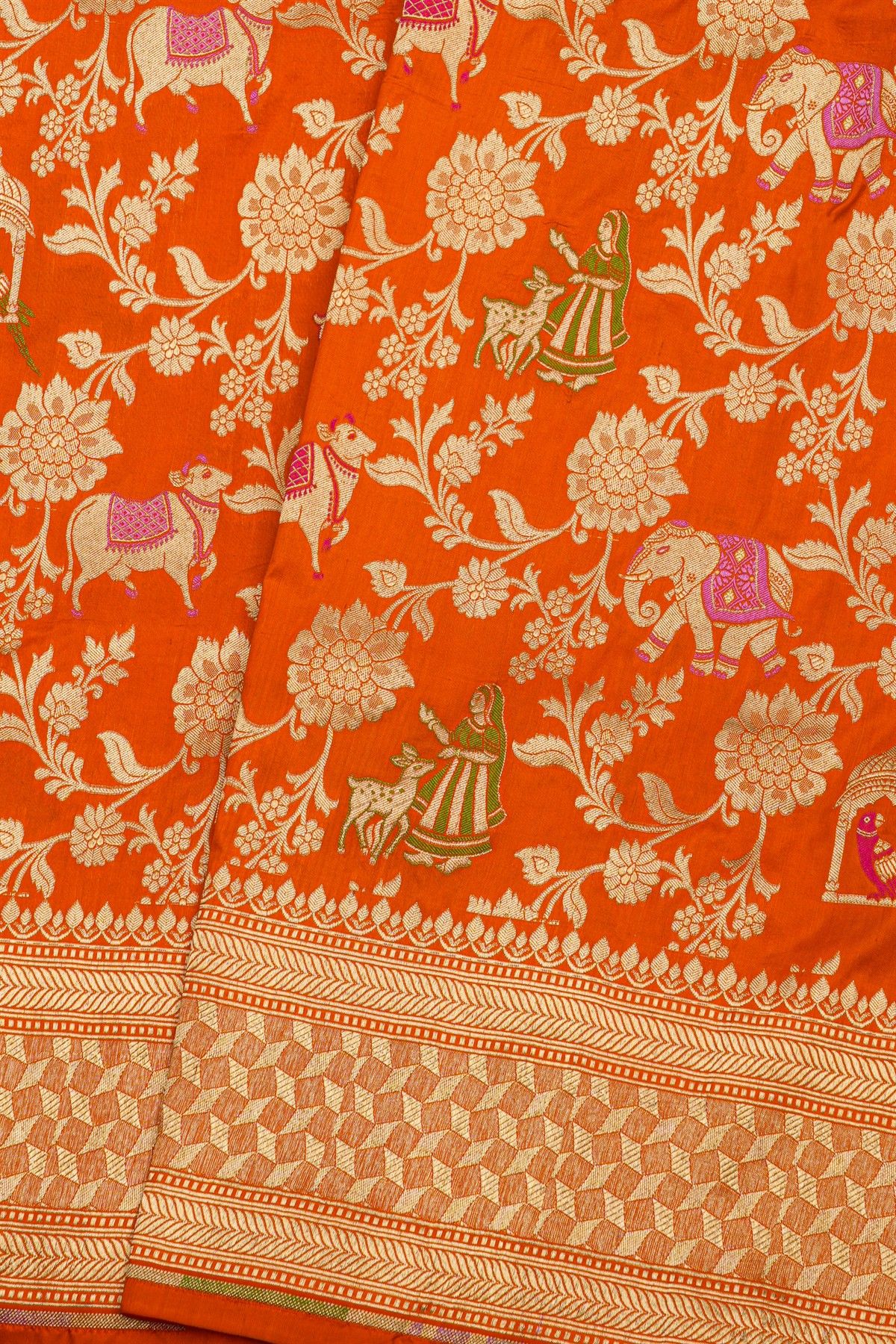 Banarasi Silk Orange Saree With Diamonds With Cross Lines Border