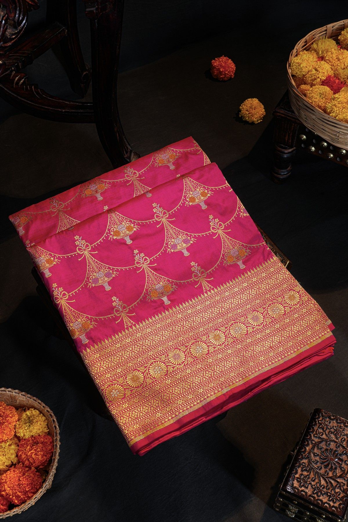 Banarasi Silk Pink Saree With Florals And Leaves In Lines Border