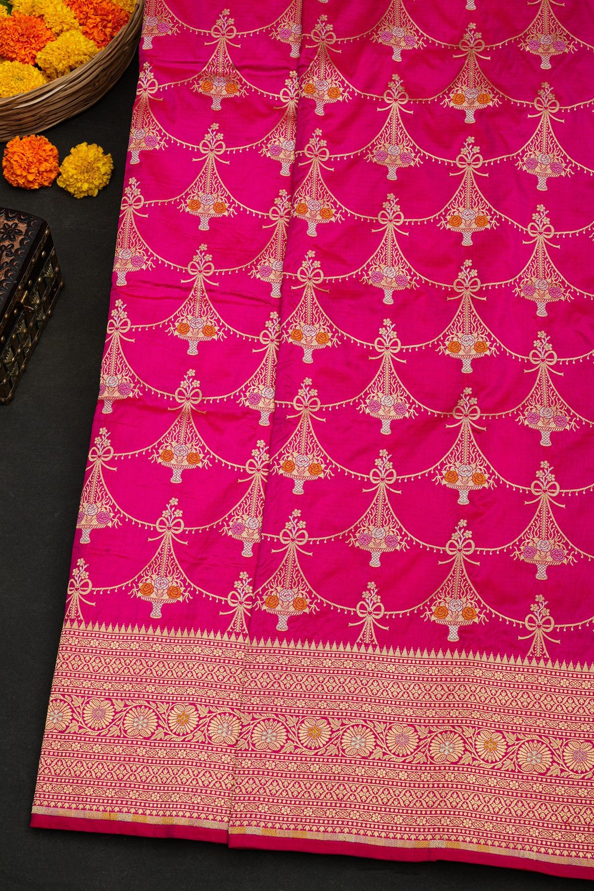 Banarasi Silk Pink Saree With Florals And Leaves In Lines Border