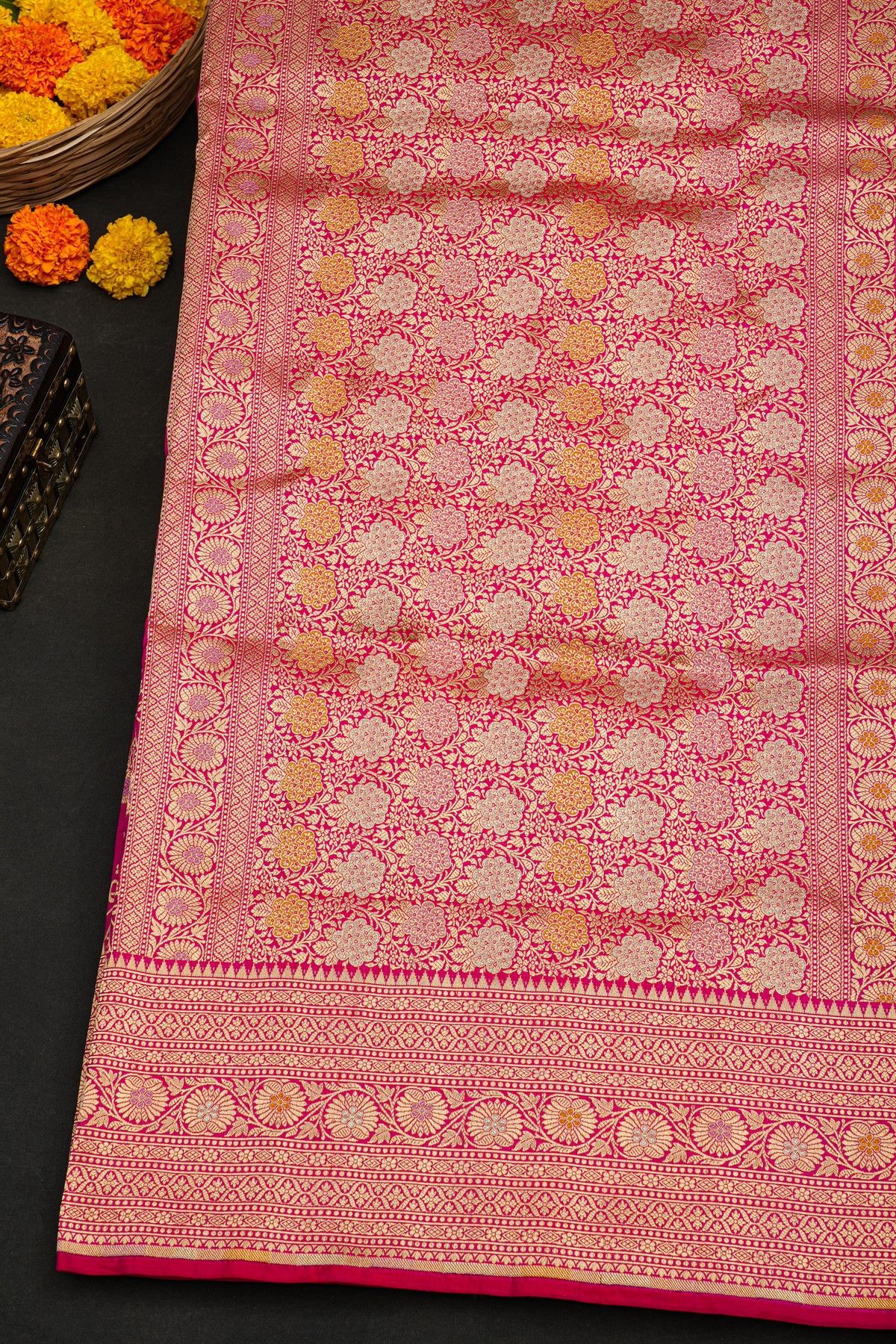 Banarasi Silk Pink Saree With Florals And Leaves In Lines Border