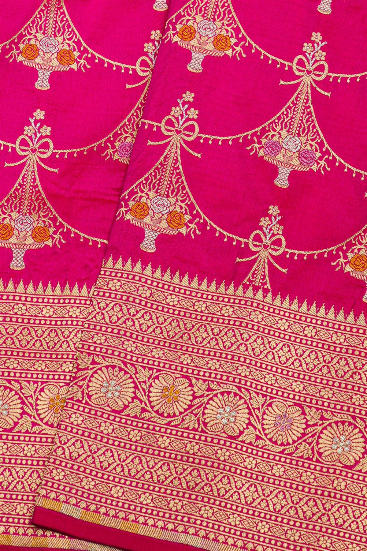 Banarasi Silk Pink Saree With Florals And Leaves In Lines Border