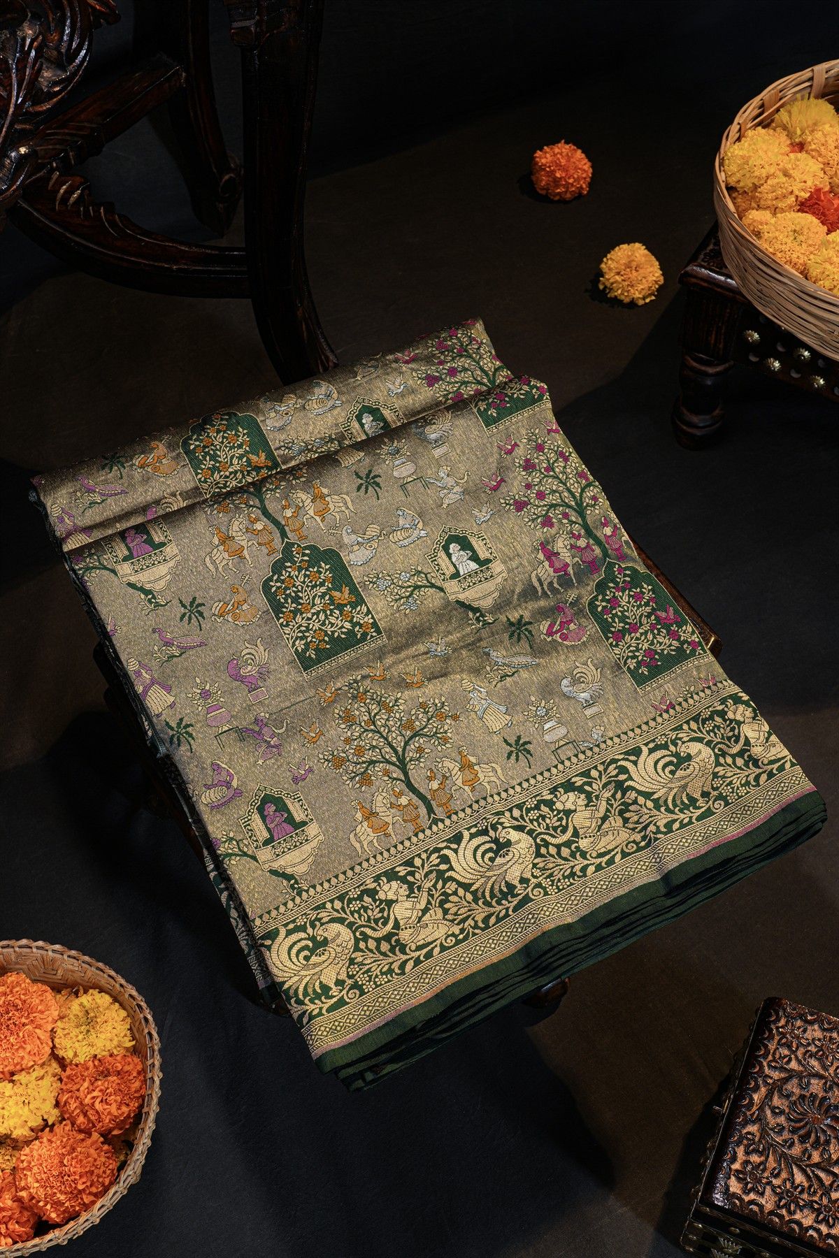 Banarasi Silk Bottle Green Saree With Florals And Leaves In Lines Border