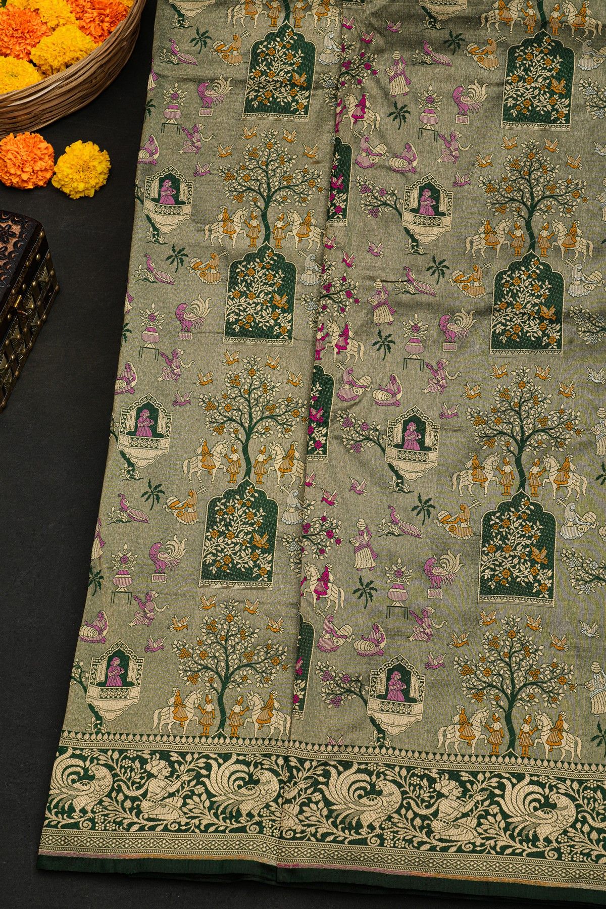 Banarasi Silk Bottle Green Saree With Florals And Leaves In Lines Border