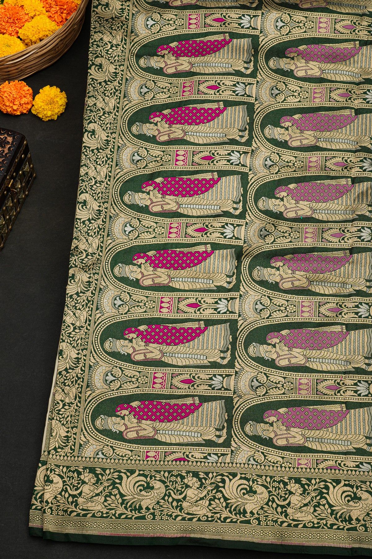 Banarasi Silk Bottle Green Saree With Florals And Leaves In Lines Border