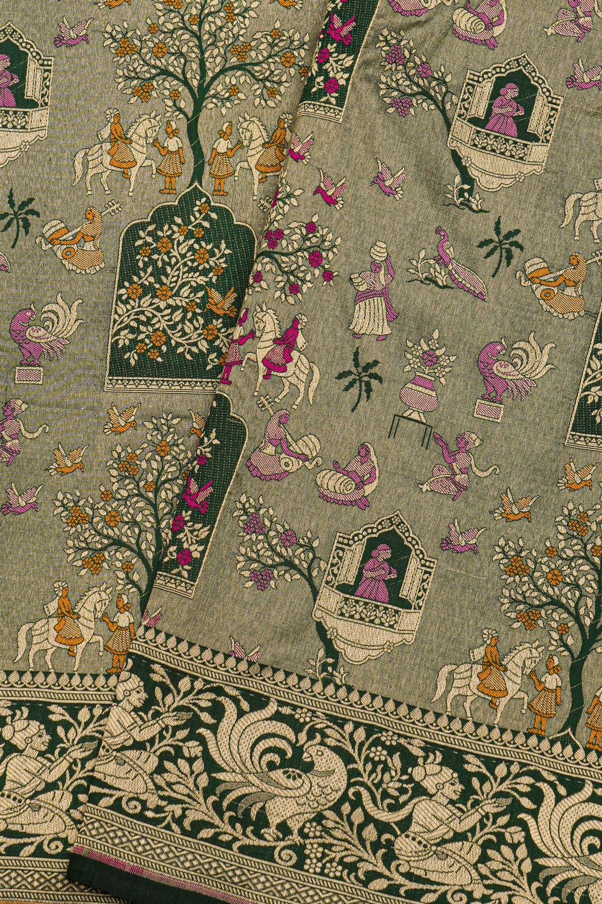 Banarasi Silk Bottle Green Saree With Florals And Leaves In Lines Border