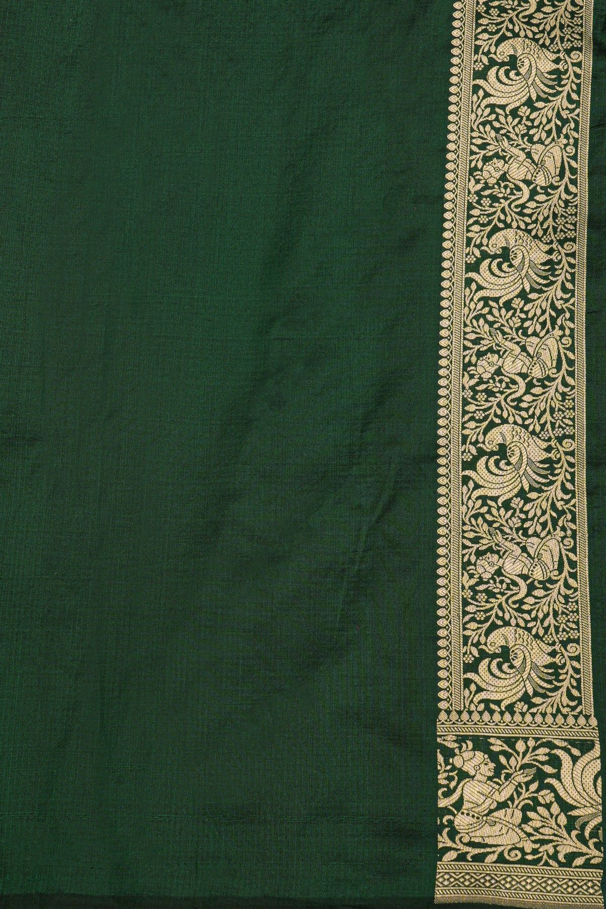 Banarasi Silk Bottle Green Saree With Florals And Leaves In Lines Border