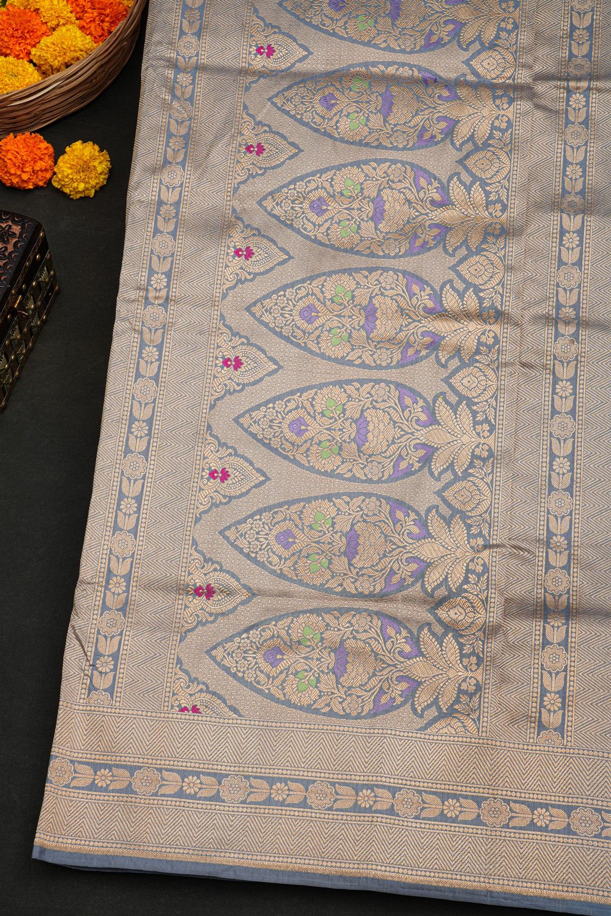Banarasi Silk Slate Blue Saree With Florals And Zig-Zag Lines Border