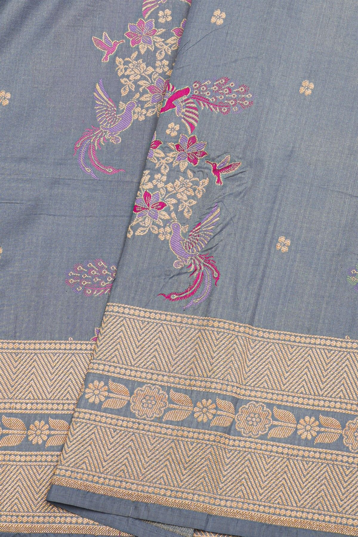 Banarasi Silk Slate Blue Saree With Florals And Zig-Zag Lines Border