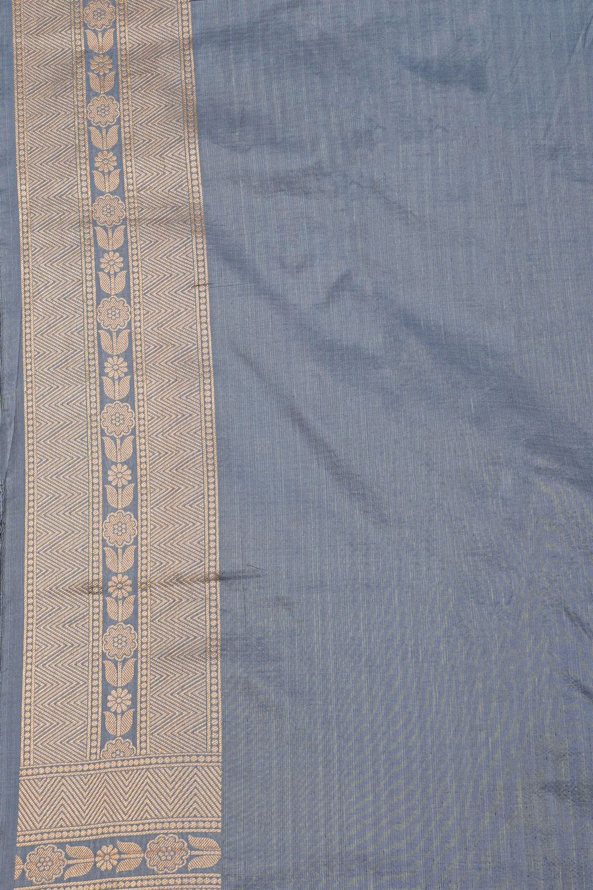 Banarasi Silk Slate Blue Saree With Florals And Zig-Zag Lines Border