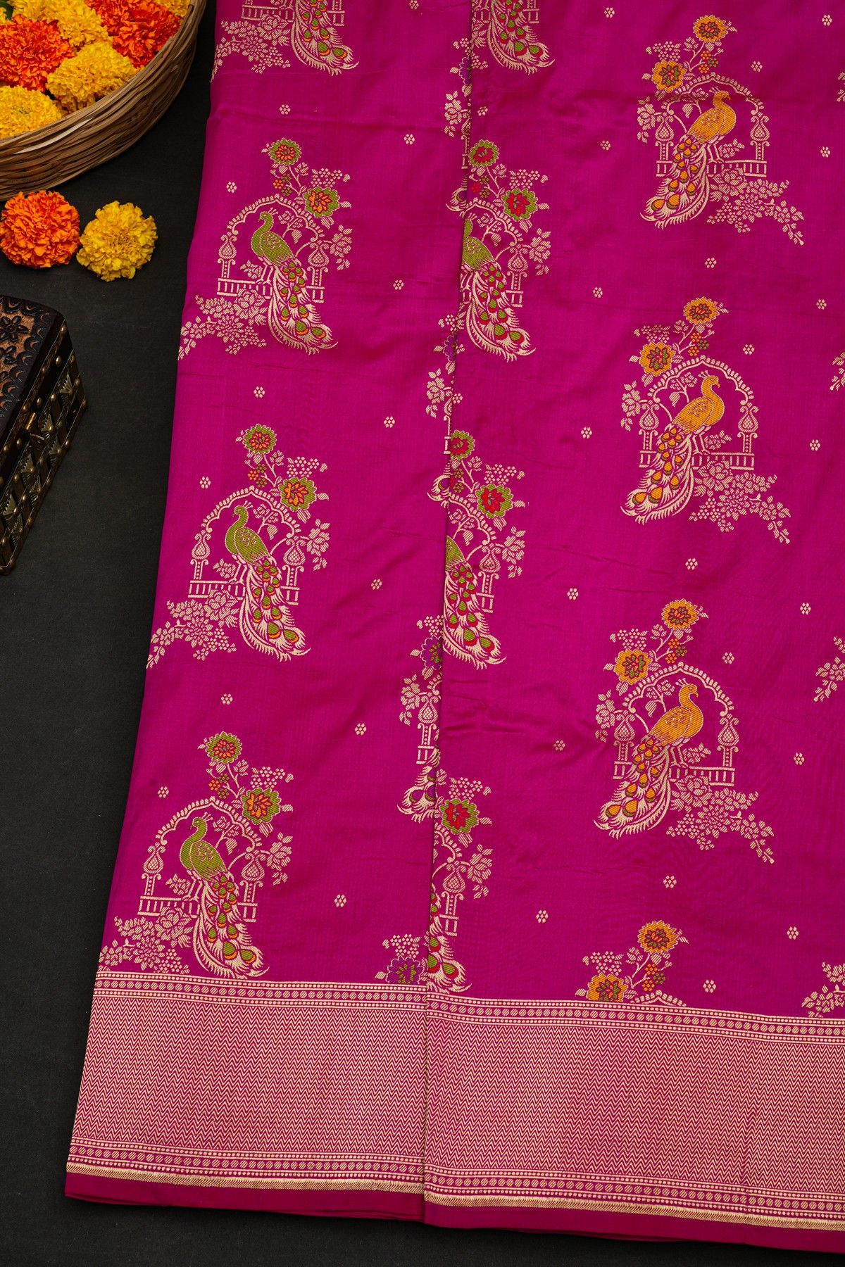 Banarasi Silk Pink Saree With Zig-Zag Lines And Florals In Zari Border