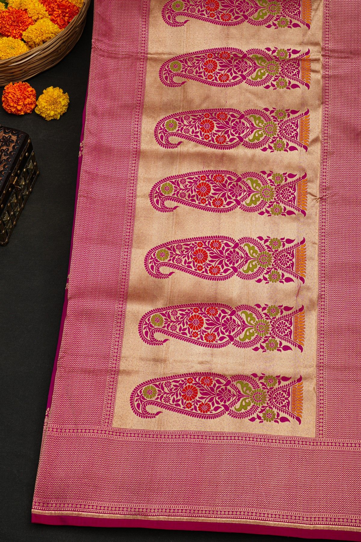 Banarasi Silk Pink Saree With Zig-Zag Lines And Florals In Zari Border