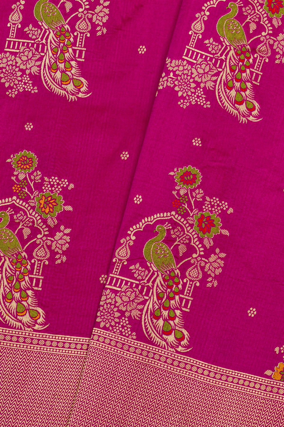Banarasi Silk Pink Saree With Zig-Zag Lines And Florals In Zari Border