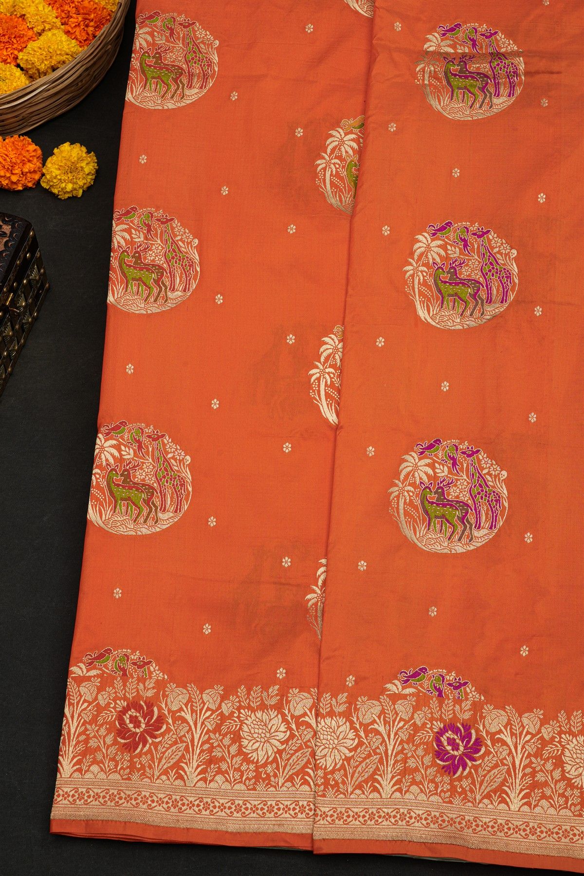 Banarasi Silk Peach Saree With Florals And Leaves In Zari Border