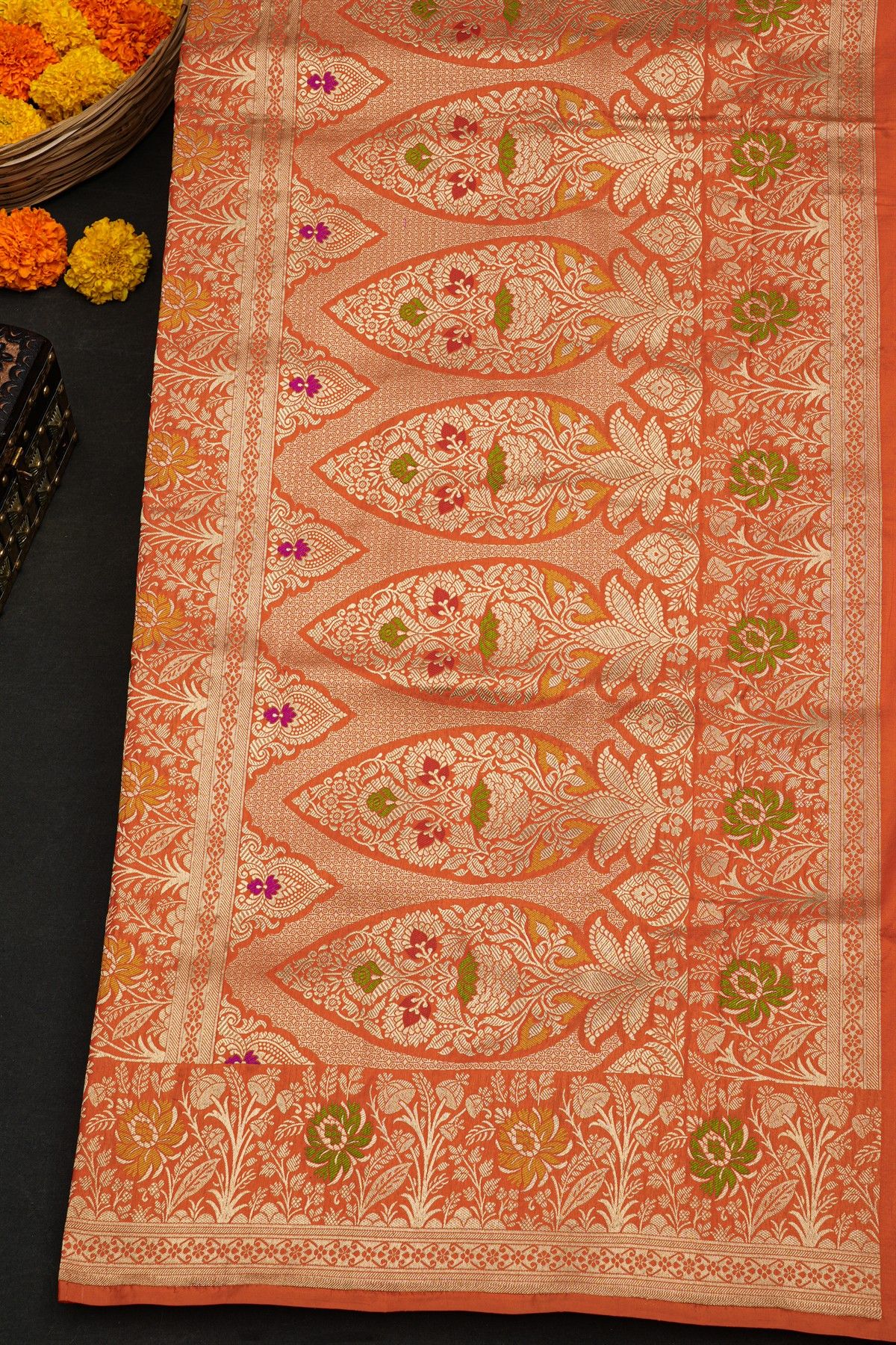 Banarasi Silk Peach Saree With Florals And Leaves In Zari Border