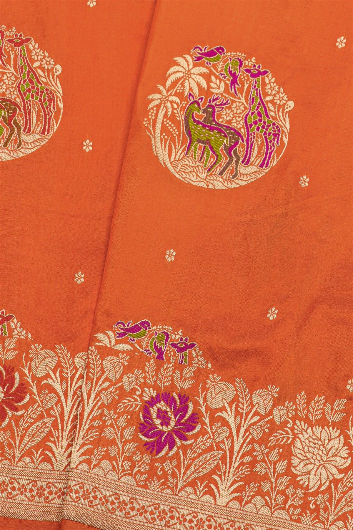 Banarasi Silk Peach Saree With Florals And Leaves In Zari Border