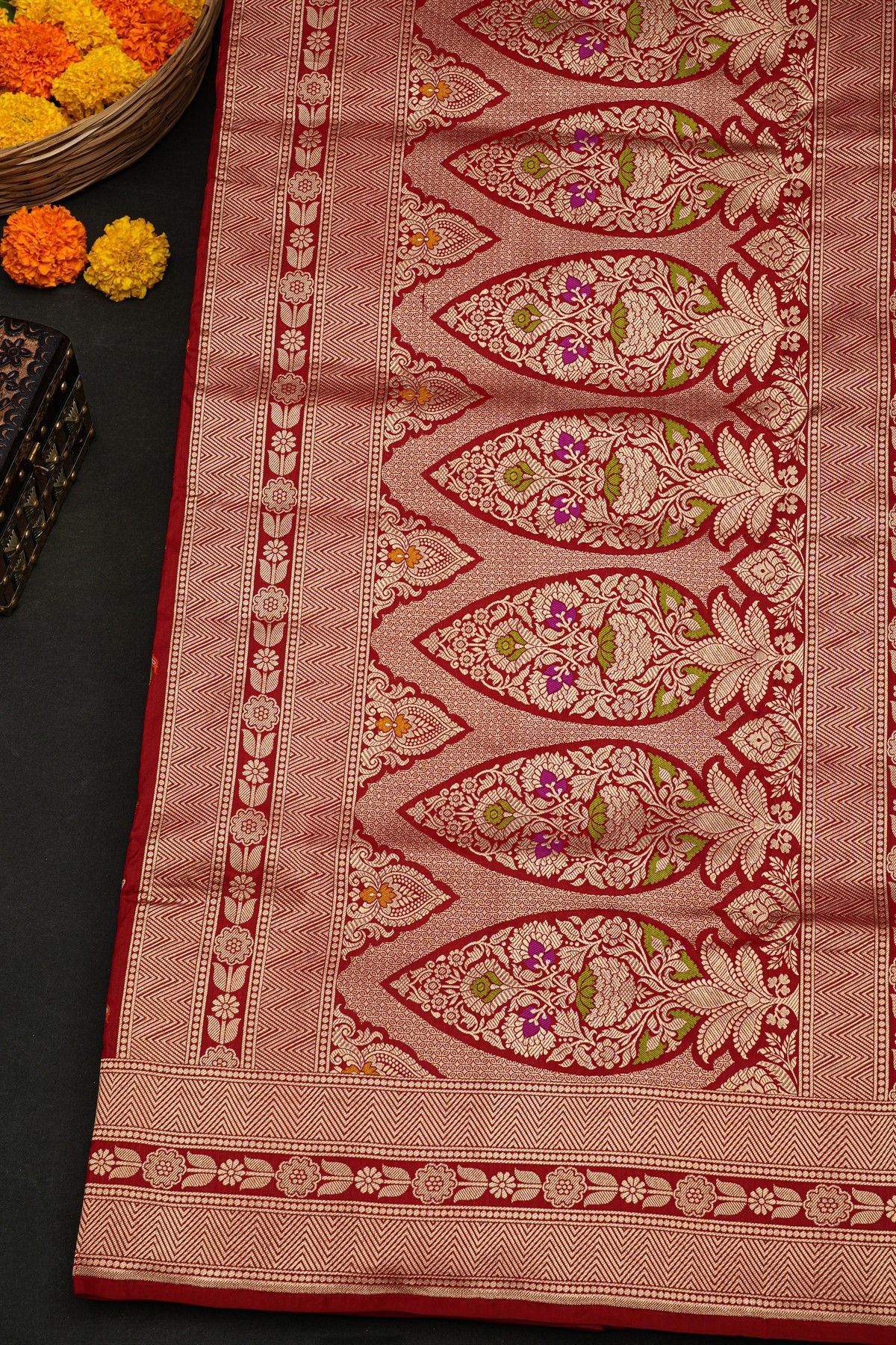 Banarasi Silk Maroon Saree With Florals And Zig-Zag Lines Border