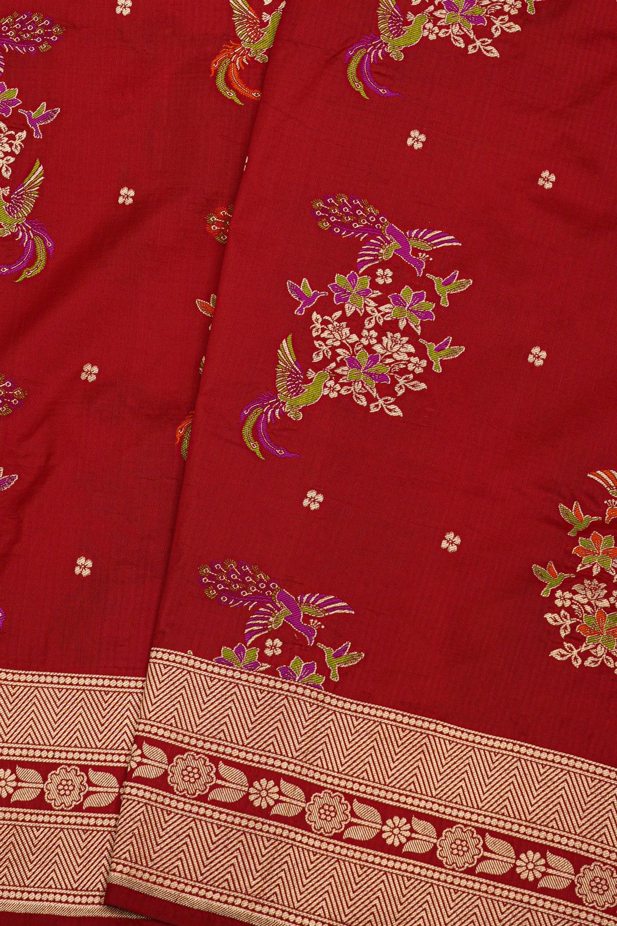 Banarasi Silk Maroon Saree With Florals And Zig-Zag Lines Border