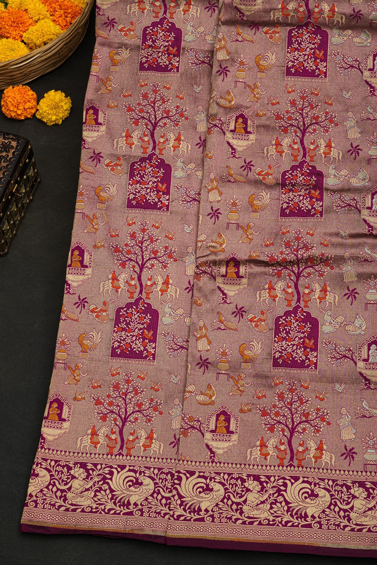 Banarasi Silk Purple Saree With Florals And Peacocks In Zari Border
