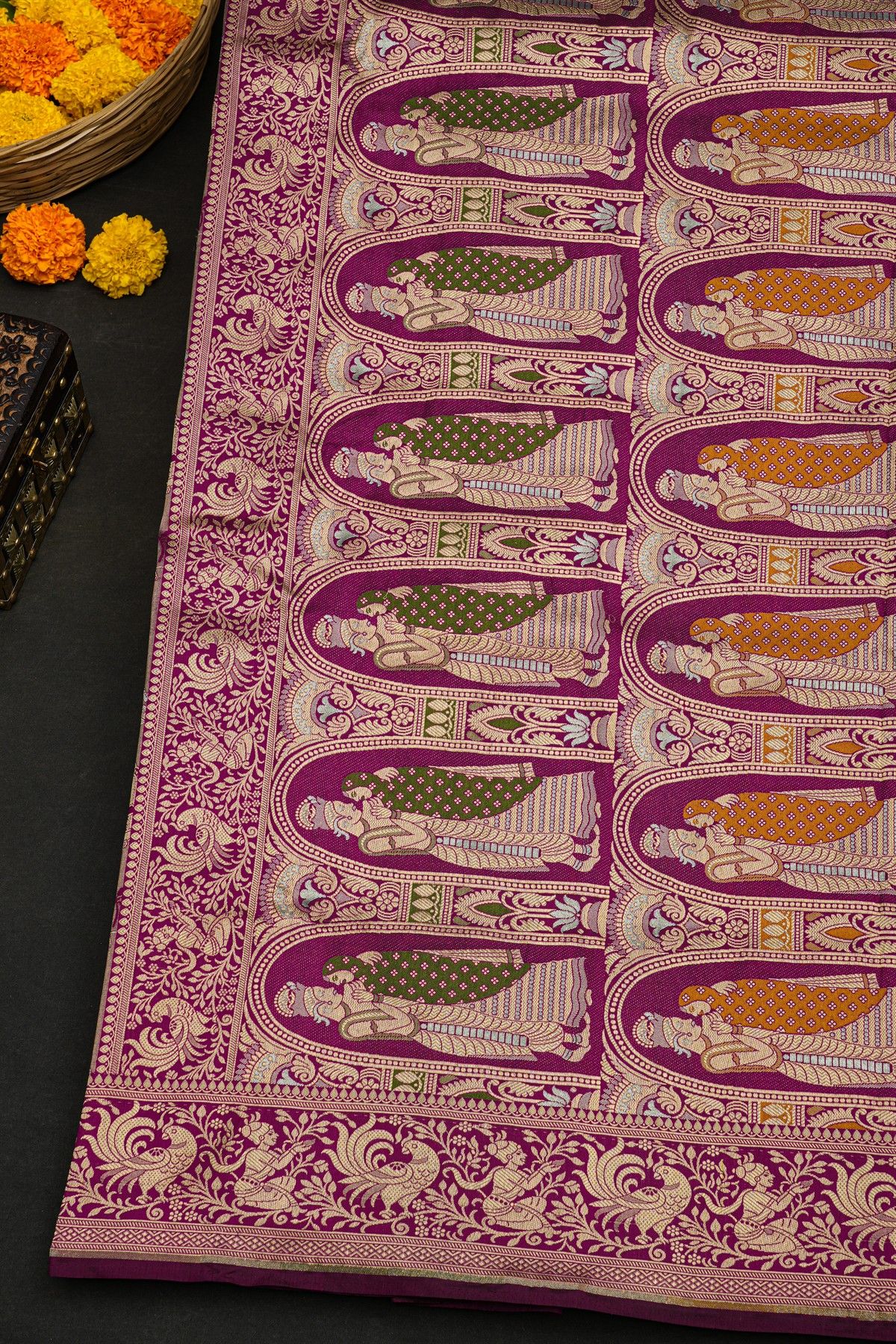 Banarasi Silk Purple Saree With Florals And Peacocks In Zari Border