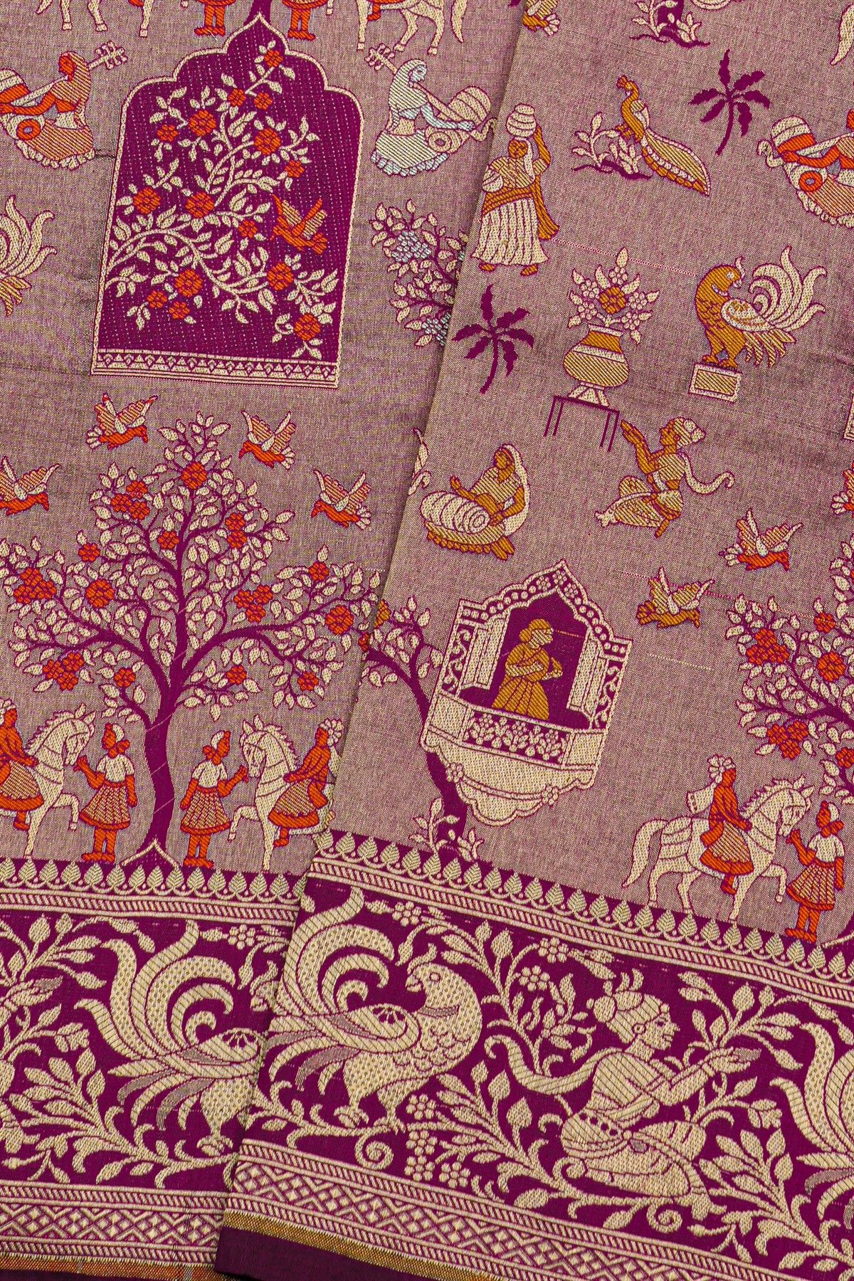 Banarasi Silk Purple Saree With Florals And Peacocks In Zari Border