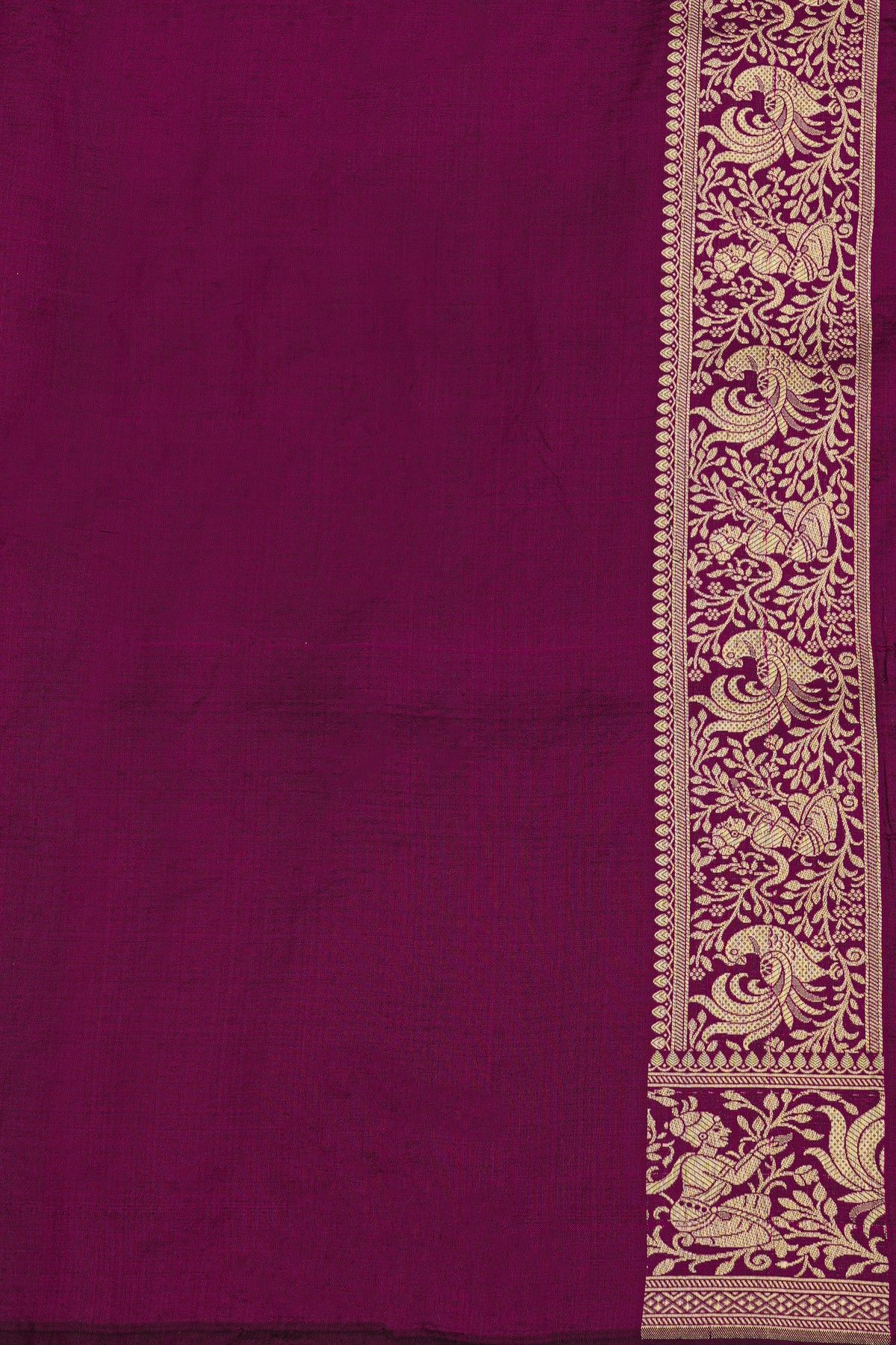 Banarasi Silk Purple Saree With Florals And Peacocks In Zari Border