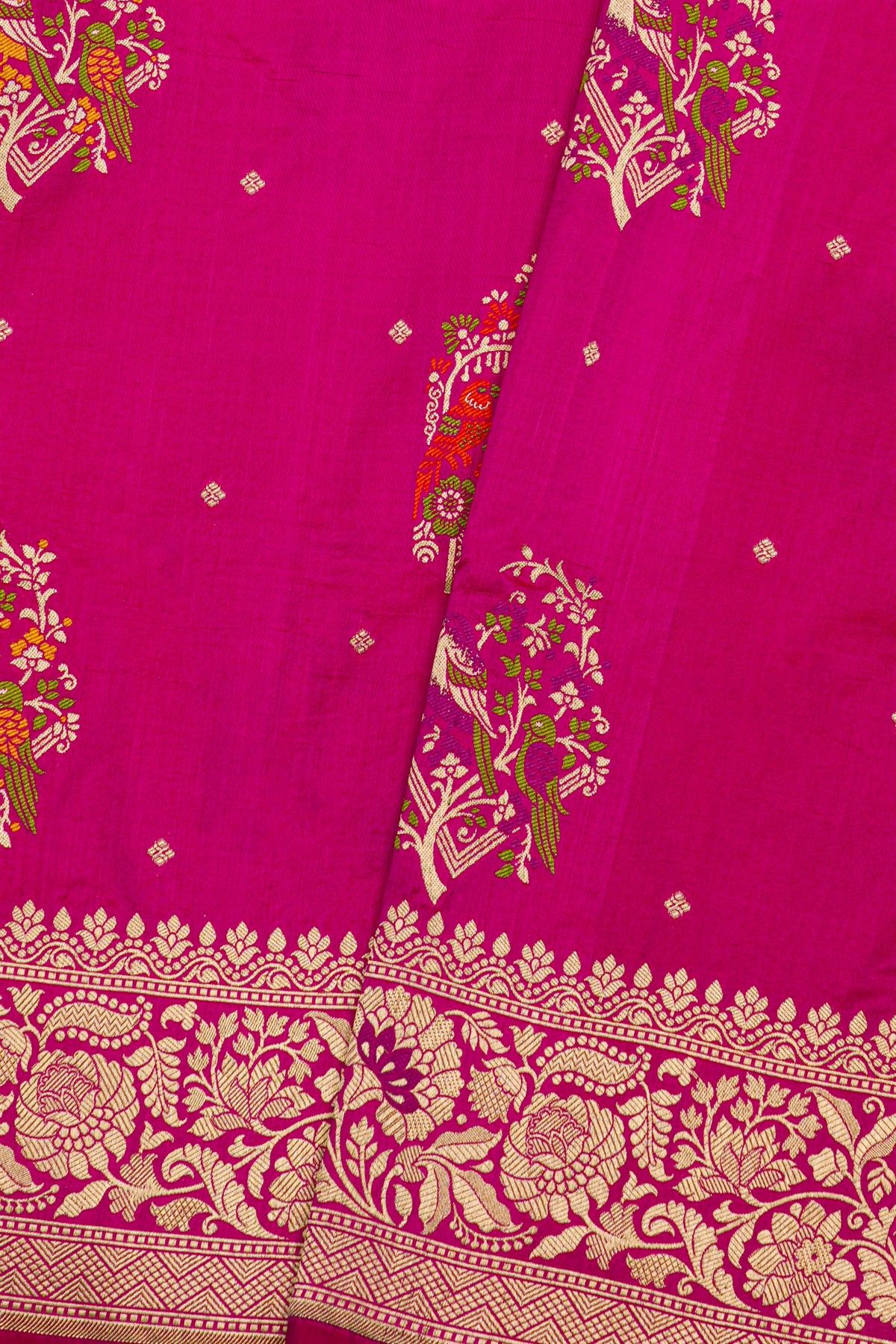 Banarasi Silk Pink Saree With Florals And Leaves Jaal Border