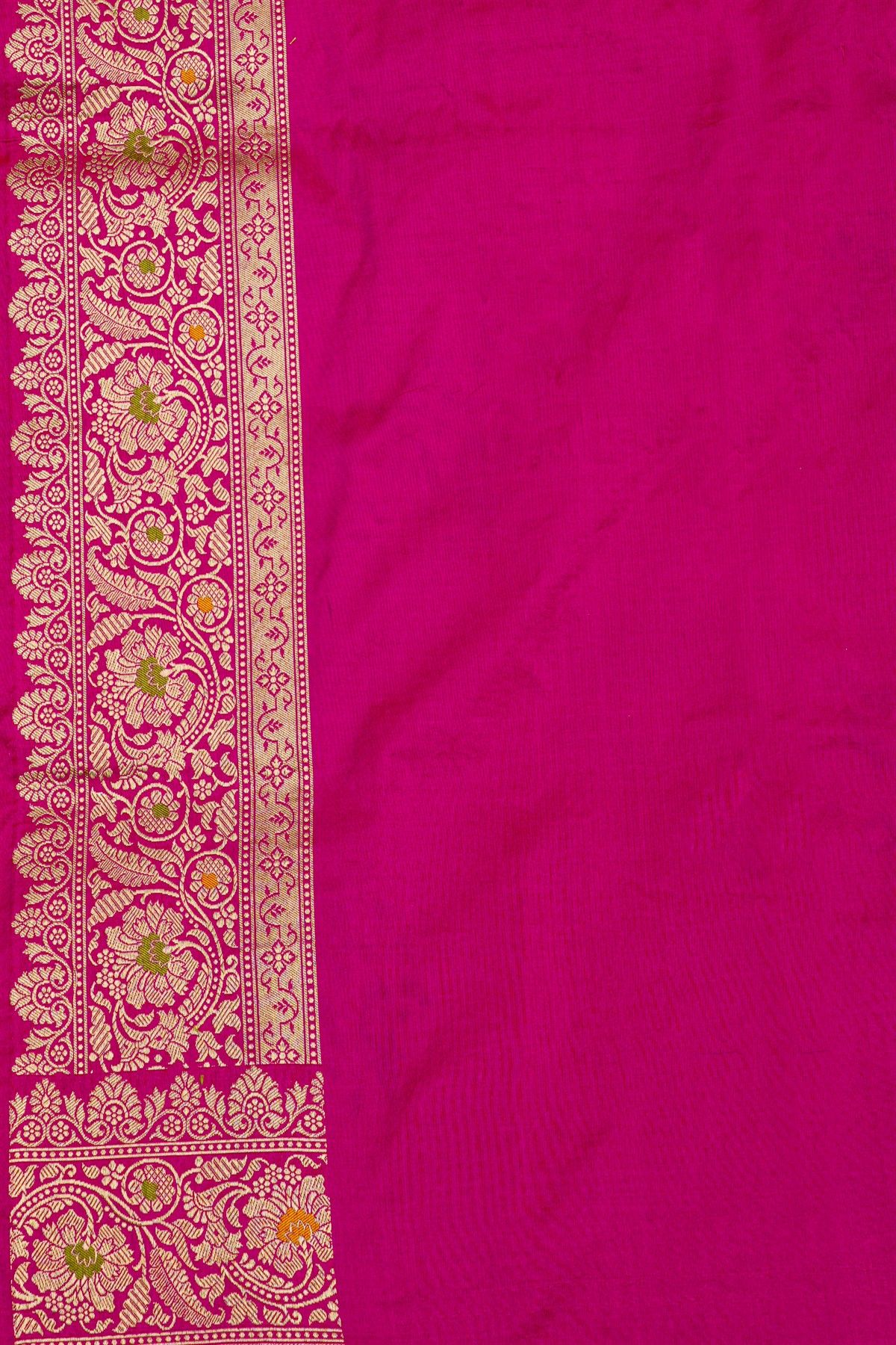 Banarasi Silk Pink Saree With Florals And Leaves Jaal Border
