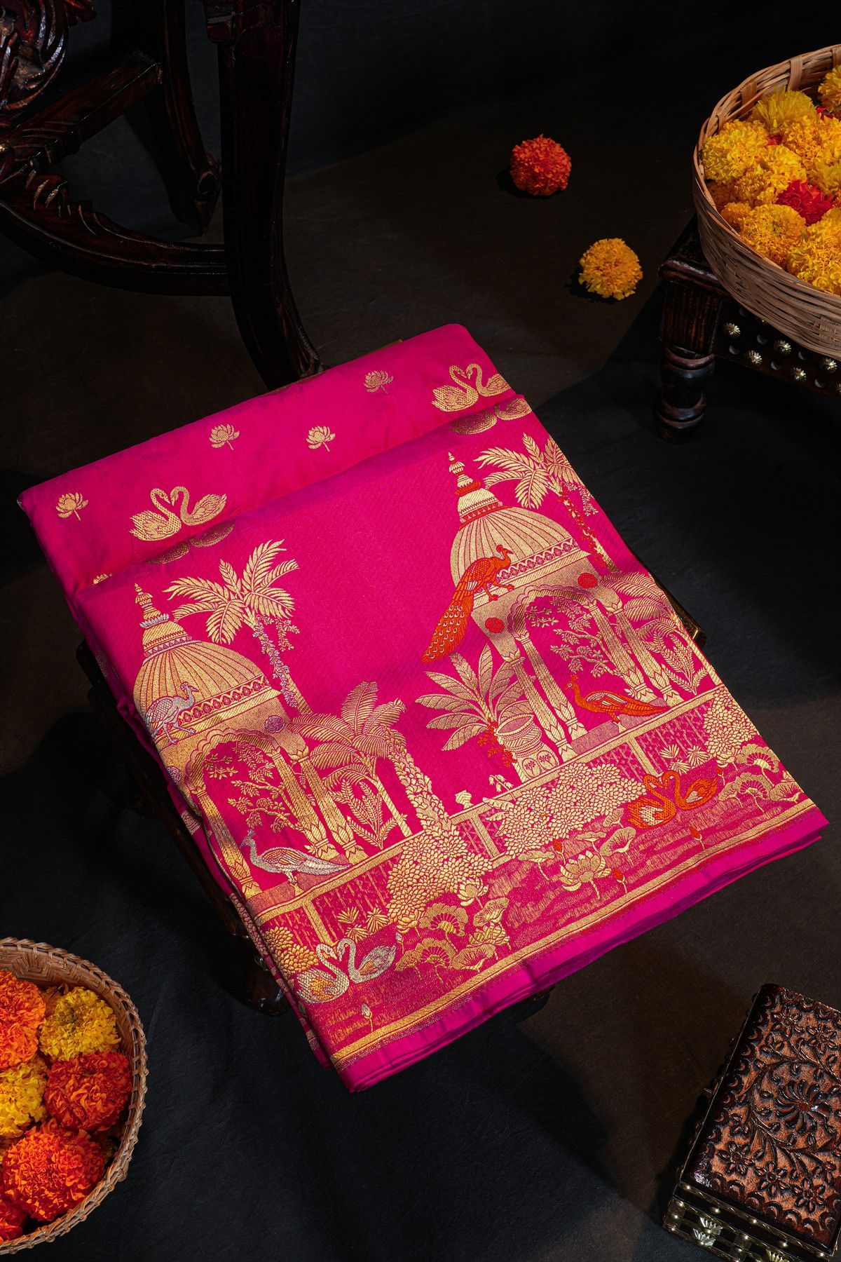 Banarasi Silk Pink Saree With Florals And Peacocks With Swans In Zari Border