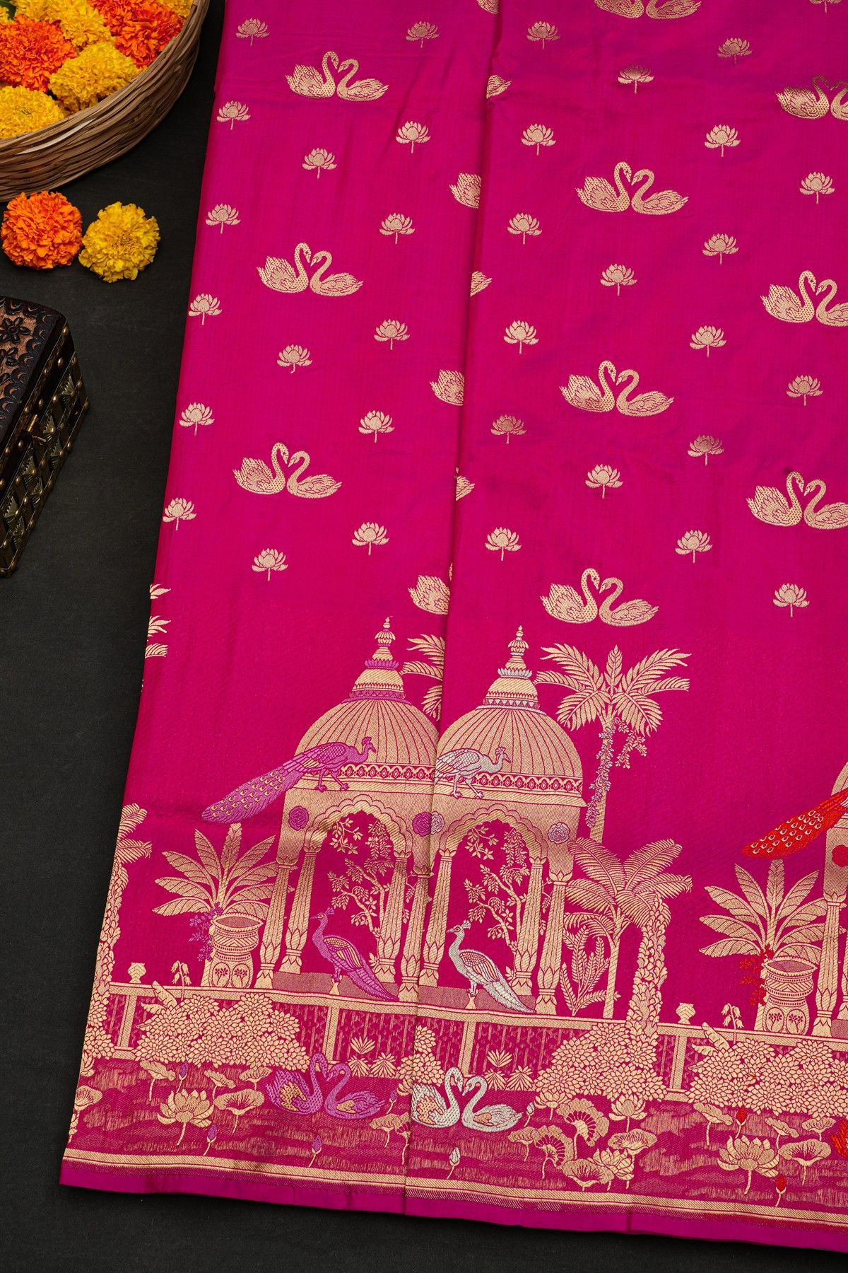 Banarasi Silk Pink Saree With Florals And Peacocks With Swans In Zari Border