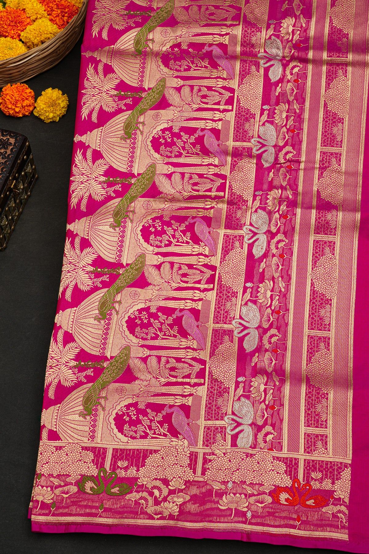 Banarasi Silk Pink Saree With Florals And Peacocks With Swans In Zari Border