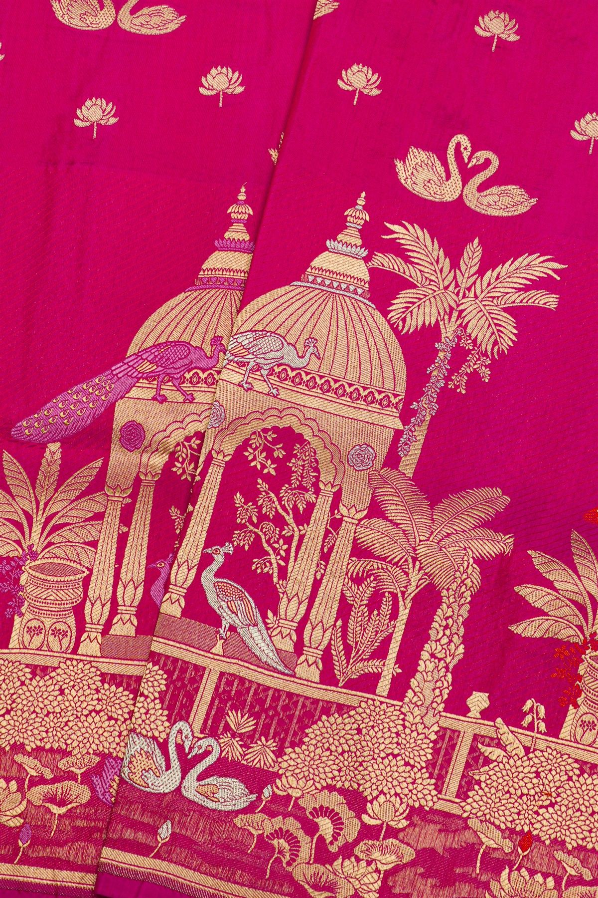 Banarasi Silk Pink Saree With Florals And Peacocks With Swans In Zari Border